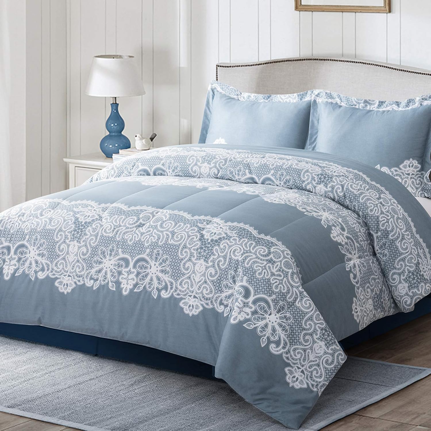 Shatex Juego de edredón azul de 3 piezas para todas las estaciones, ultra suave, 100% microfibra de poliéster, juego de edredón azul Queen con 2