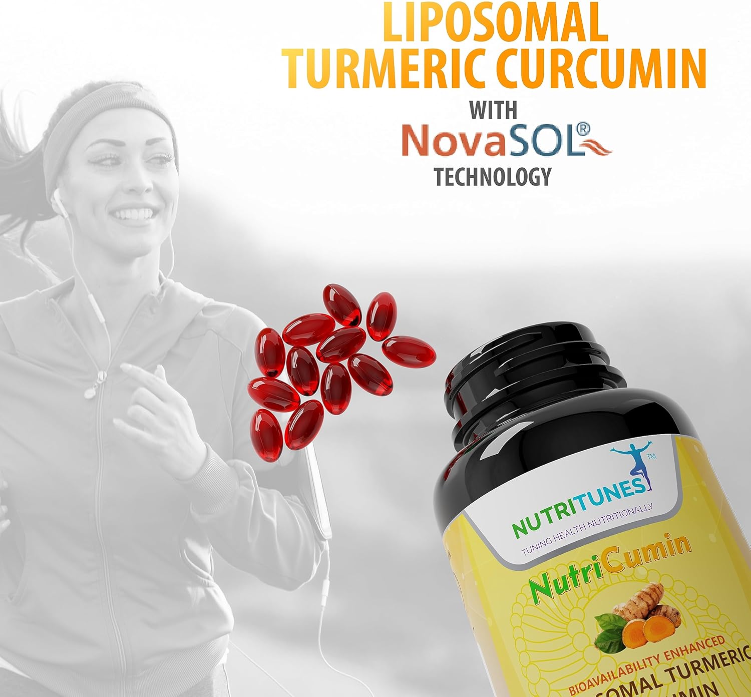 NutriCumin 1000mg Curcumina de cúrcuma liposomal con NovaSOL (60 cápsulas blandas)  para la salud de las articulaciones, sin OMG, certificado GMP y