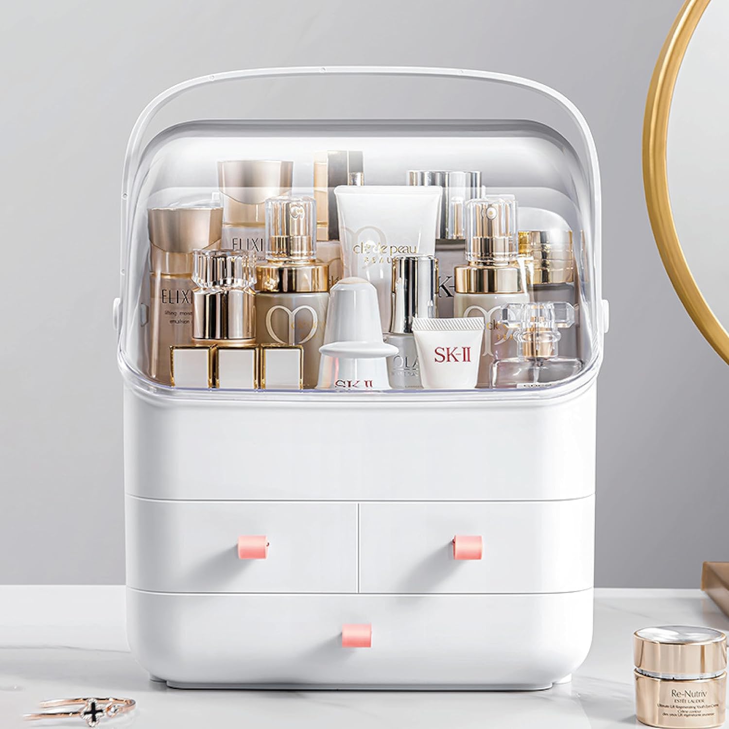 BRUUN – Contenedor de almacenamiento para cosméticos para el cuidado de la piel una caja de maquillaje grande de color blanco a prueba de polvo y