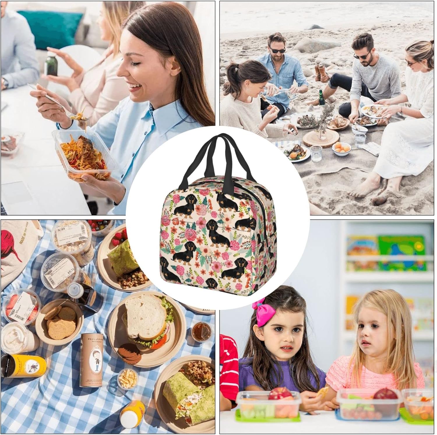 Daschund – Bolsa de almuerzo con aislamiento de flores para perros y mujeres, reutilizable, impermeable, portátil, hielera, térmica, para trabajo,