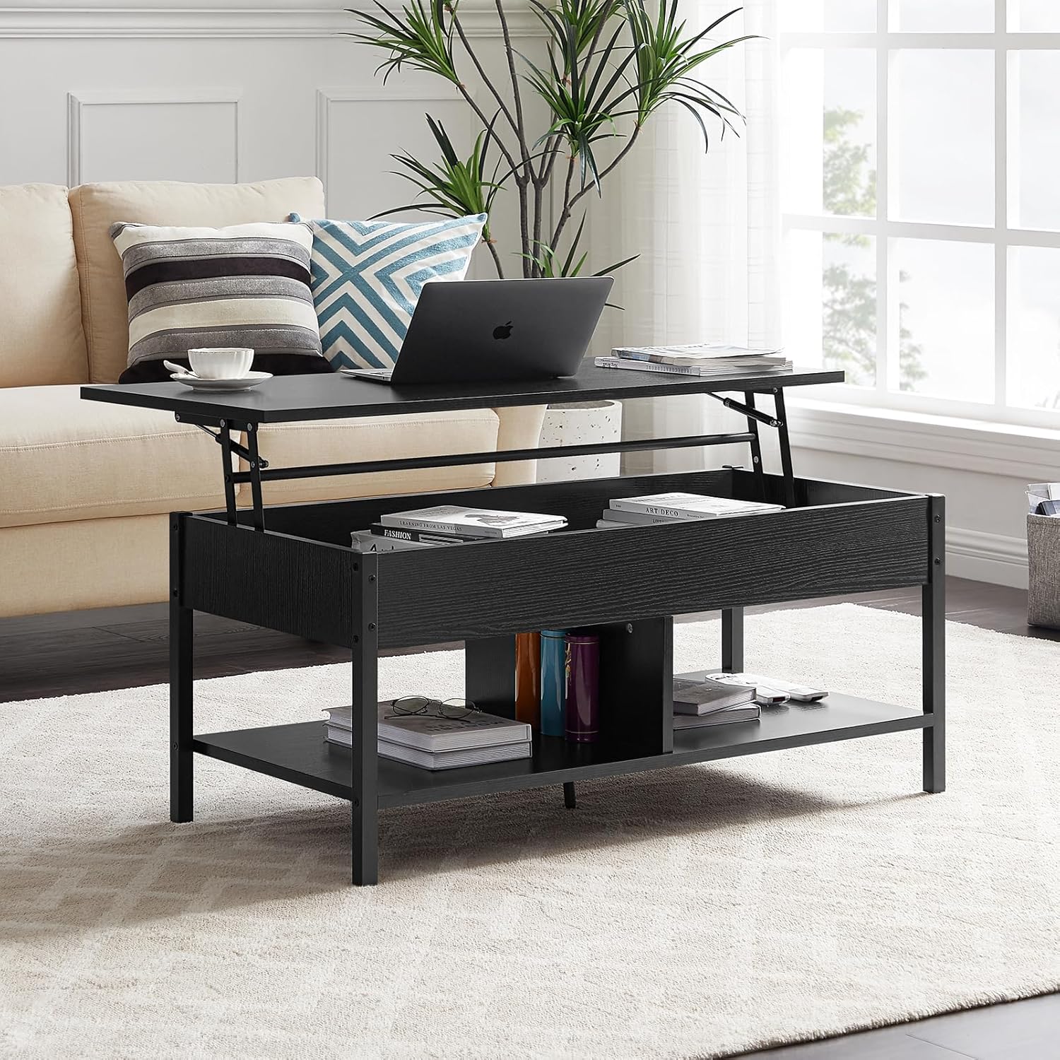 Vibe & Dine Mesa de centro elevable con compartimento oculto y estante de almacenamiento, mesa central de madera para sala de estar, oficina, sala