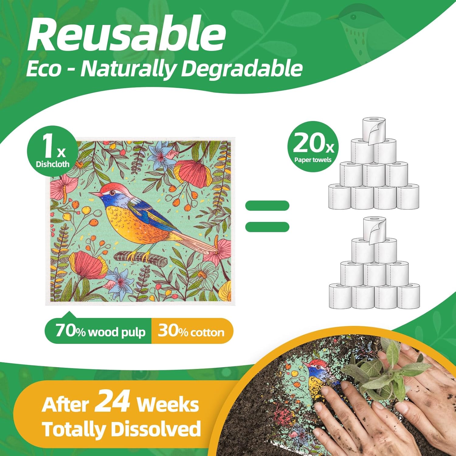 Paquete de 6 paños de cocina suecos para cocina, absorbentes y de secado rápido, toallas de cocina decorativas reutilizables, biodegradables, no se