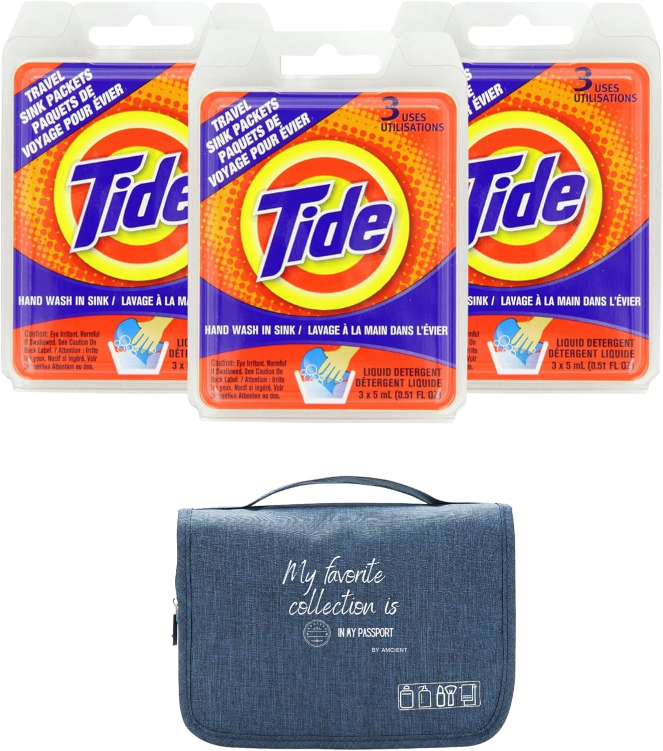 AMCIENT Tide Sink – Paquete de 3 paquetes de viaje (3 unidades cada uno) con bolsa de aseo colgante, kit de artículos esenciales de viaje 10 en 1,