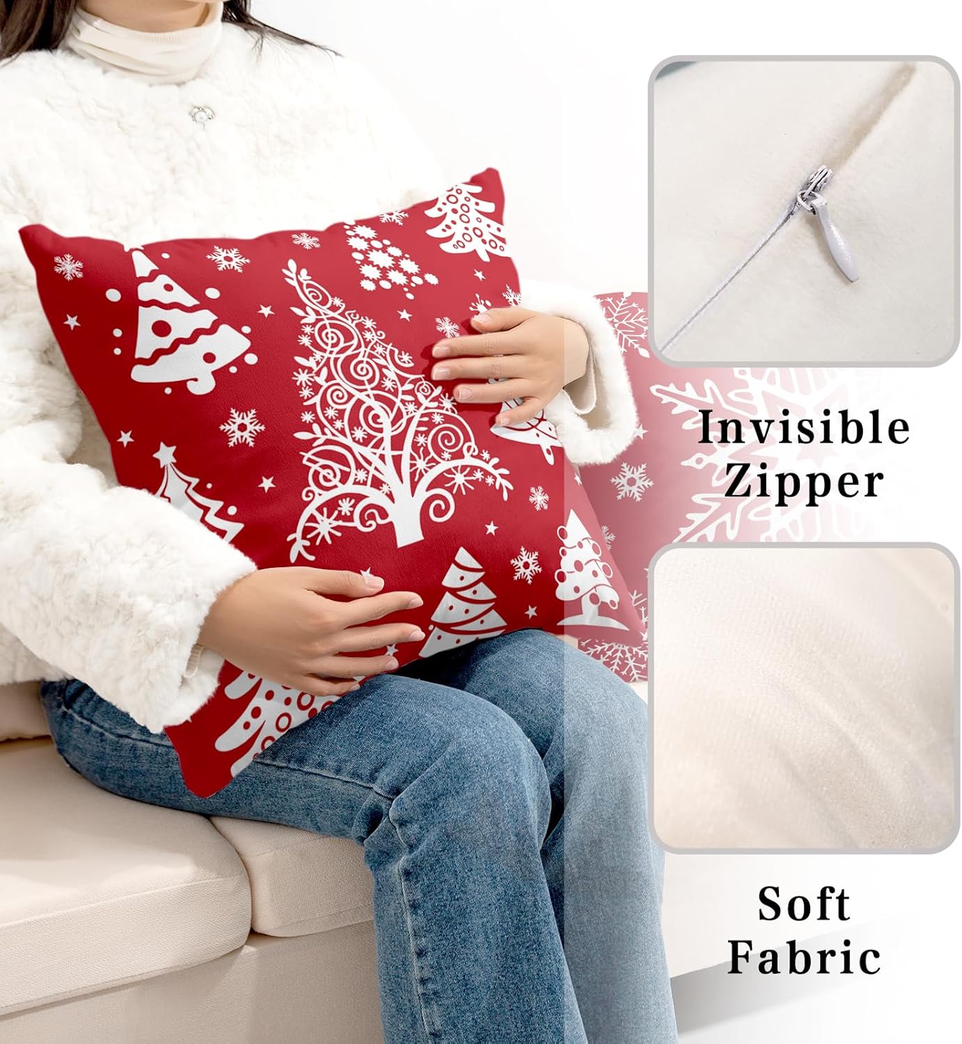 Kwlegh Juego de 2 fundas de almohada rojas de invierno de 18 x 18 pulgadas, juego de 2 almohadas de copos de nieve, fundas de almohada decorativas