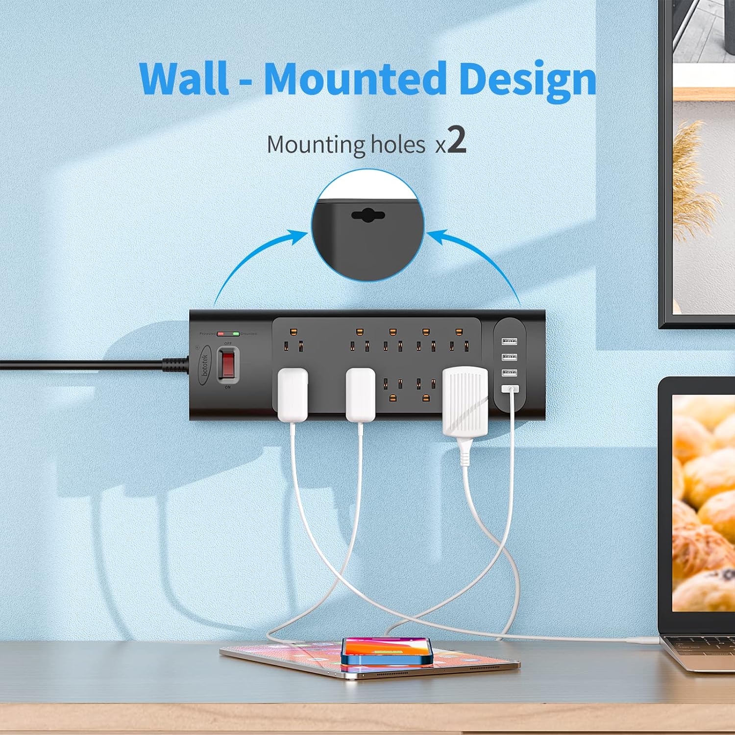 Protector de sobretensiones con 10 salidas de CA y 4 puertos USB, 1875 W15 A, 2100 julios, cable de extensión de 6 pies de largo para el hogar,