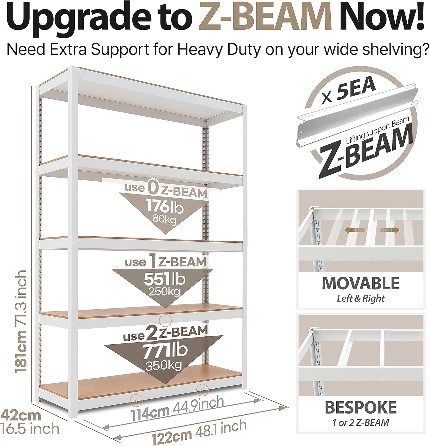 HOMEDANT House Z-Beam – Estantería de almacenamiento de garaje resistente de 48 pulgadas de ancho, estantes de metal ajustables de 5 niveles,