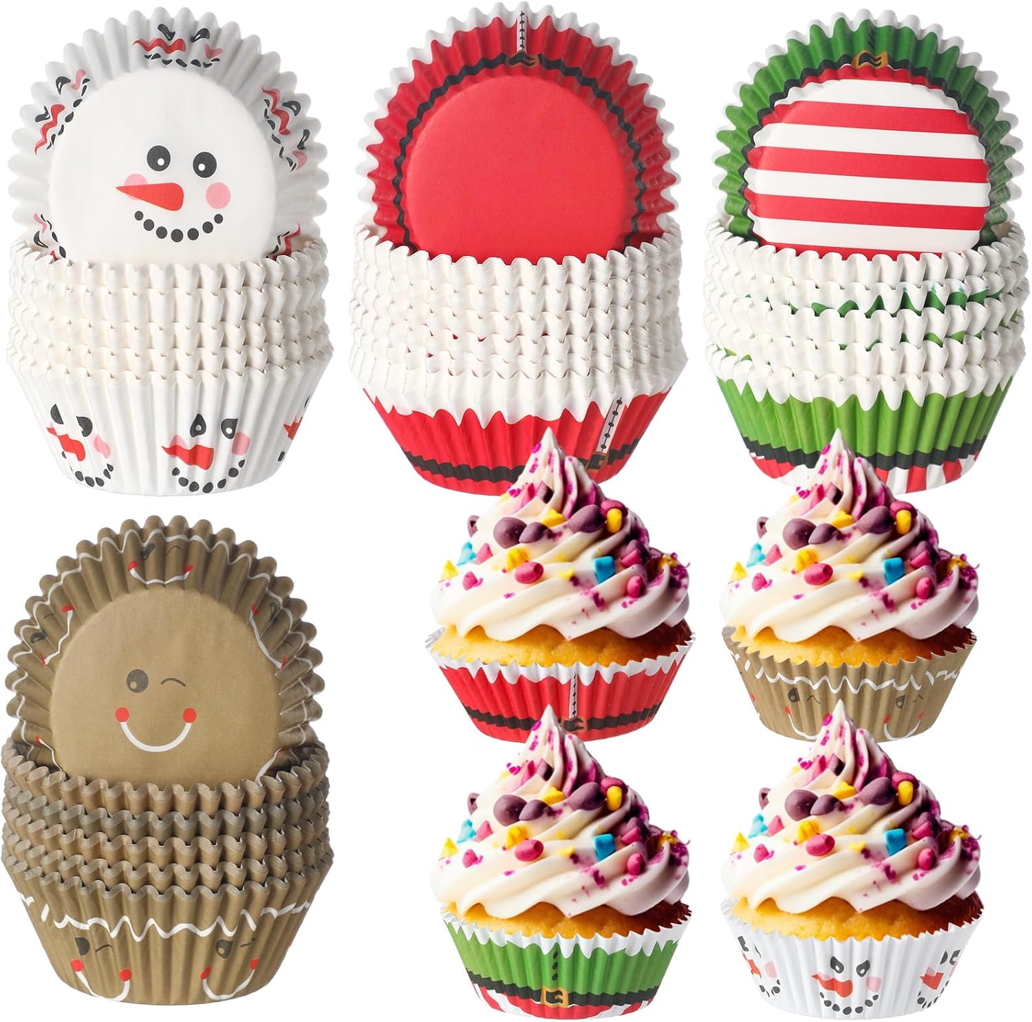 600 envoltorios de cupcakes de Navidad, forros de cupcakes de Papá Noel, tazas de cupcakes de muñeco de nieve, tazas de papel colorido de Navidad