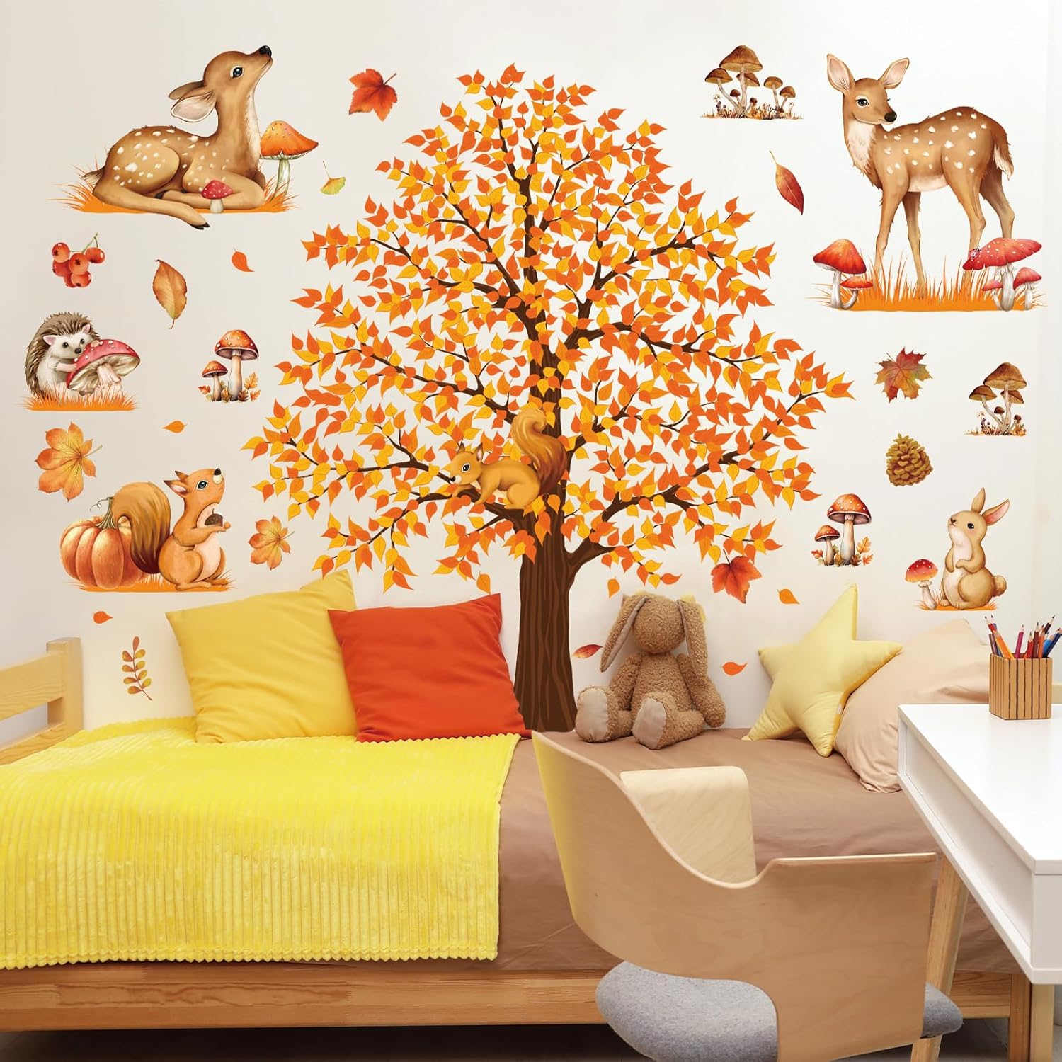 4 hojas de calcomanías de pared de árbol grande de otoño, árbol de arce, bosque de otoño, calcomanías de pared de bricolaje para despegar y pegar,