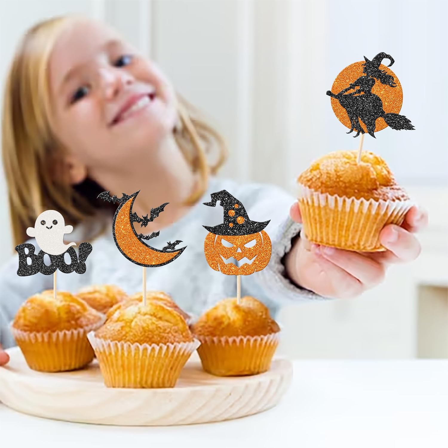 Rsstarxi Paquete de 30 adornos para cupcakes de fantasmas de Halloween con brillantina, murciélago, calabaza, fantasma, bruja, Halloween, cupcakes,