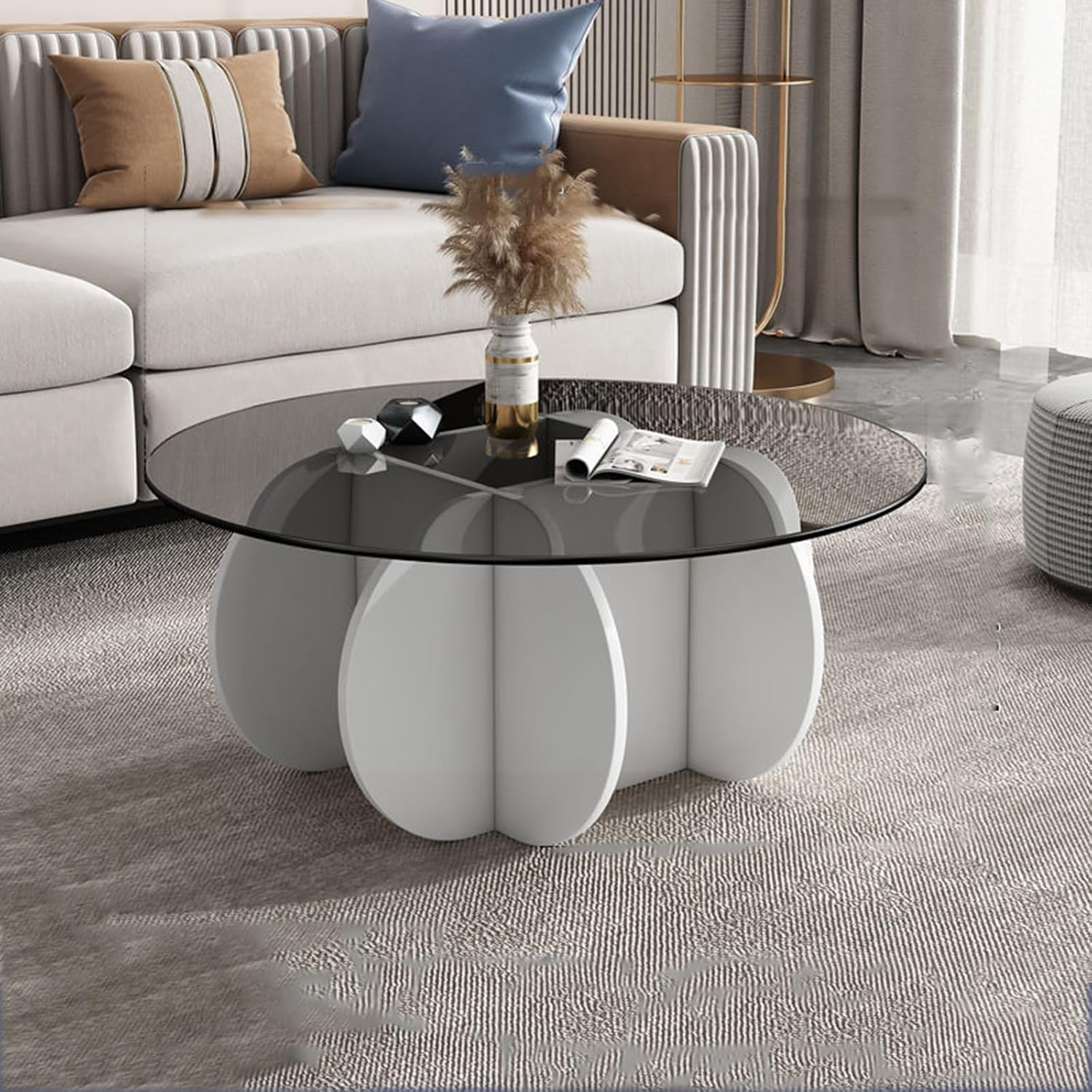 Mesa auxiliar redonda de cristal, base de madera maciza y parte superior de vidrio templado transparente, mesa auxiliar de café, mesa central simple