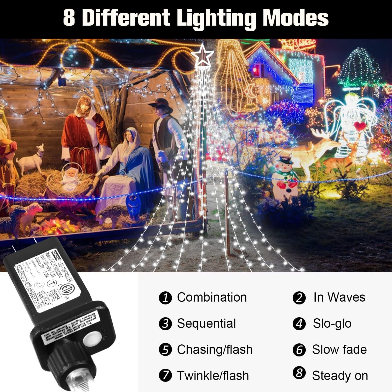 Guirnalda de luces de estrella para decoración de Navidad al aire libre, 317 luces LED de 11.5 pies con 8 modos de iluminación de memoria y