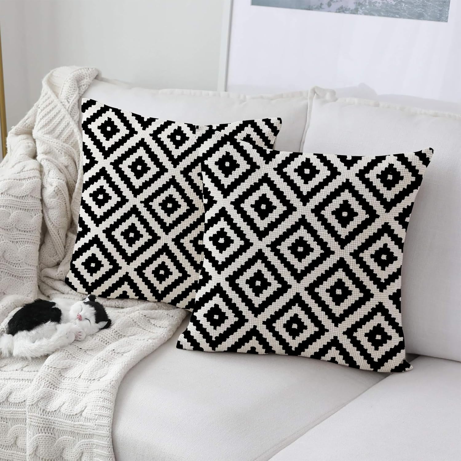 2 fundas de almohada de 18 x 18 pulgadas con patrón geométrico blanco y negro, funda de almohada con patrón retro para decoración del hogar, funda
