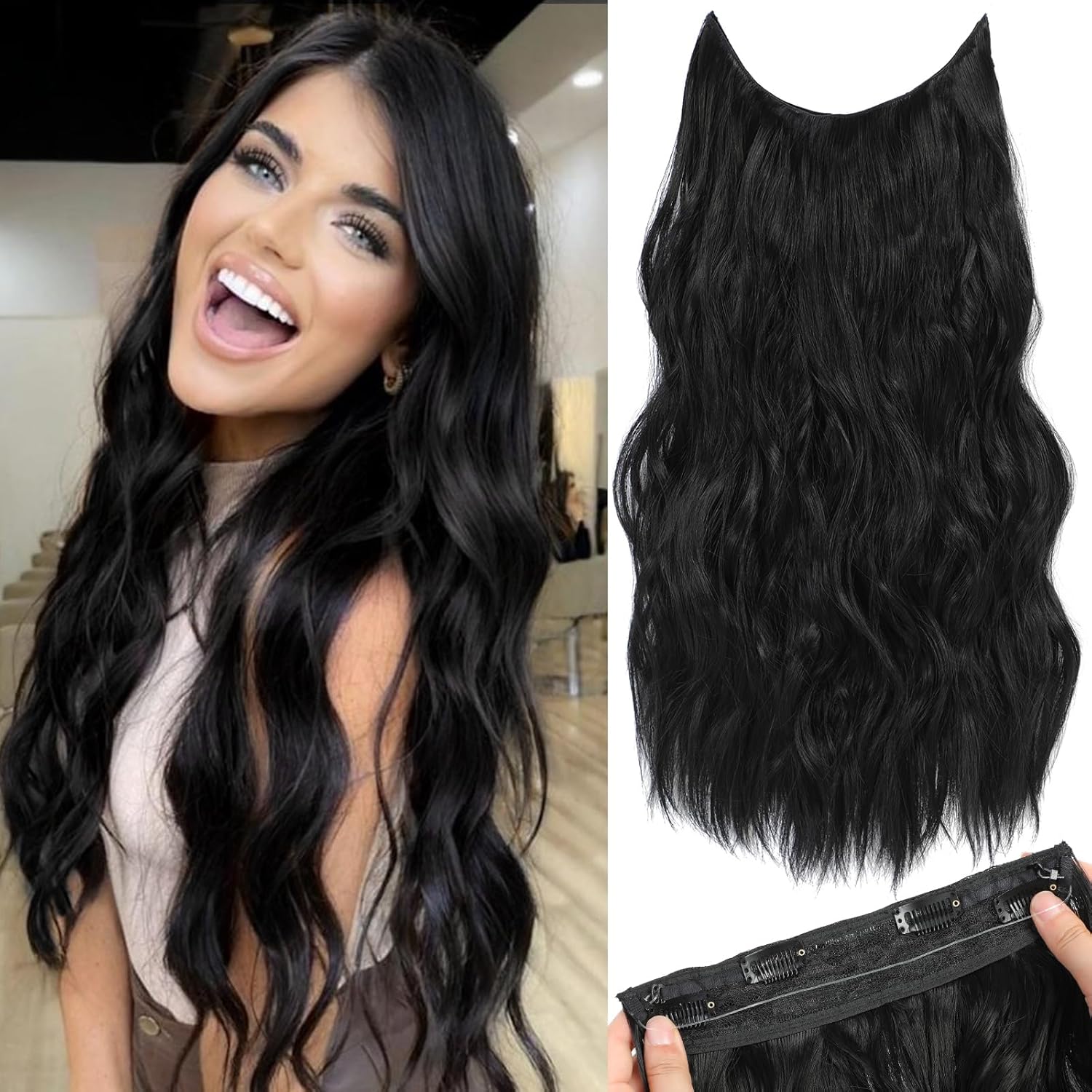 Extensiones de cabello con alambre invisible con 4 clips seguros, extensiones de cabello negro natural de 20 pulgadas con alambre transparente