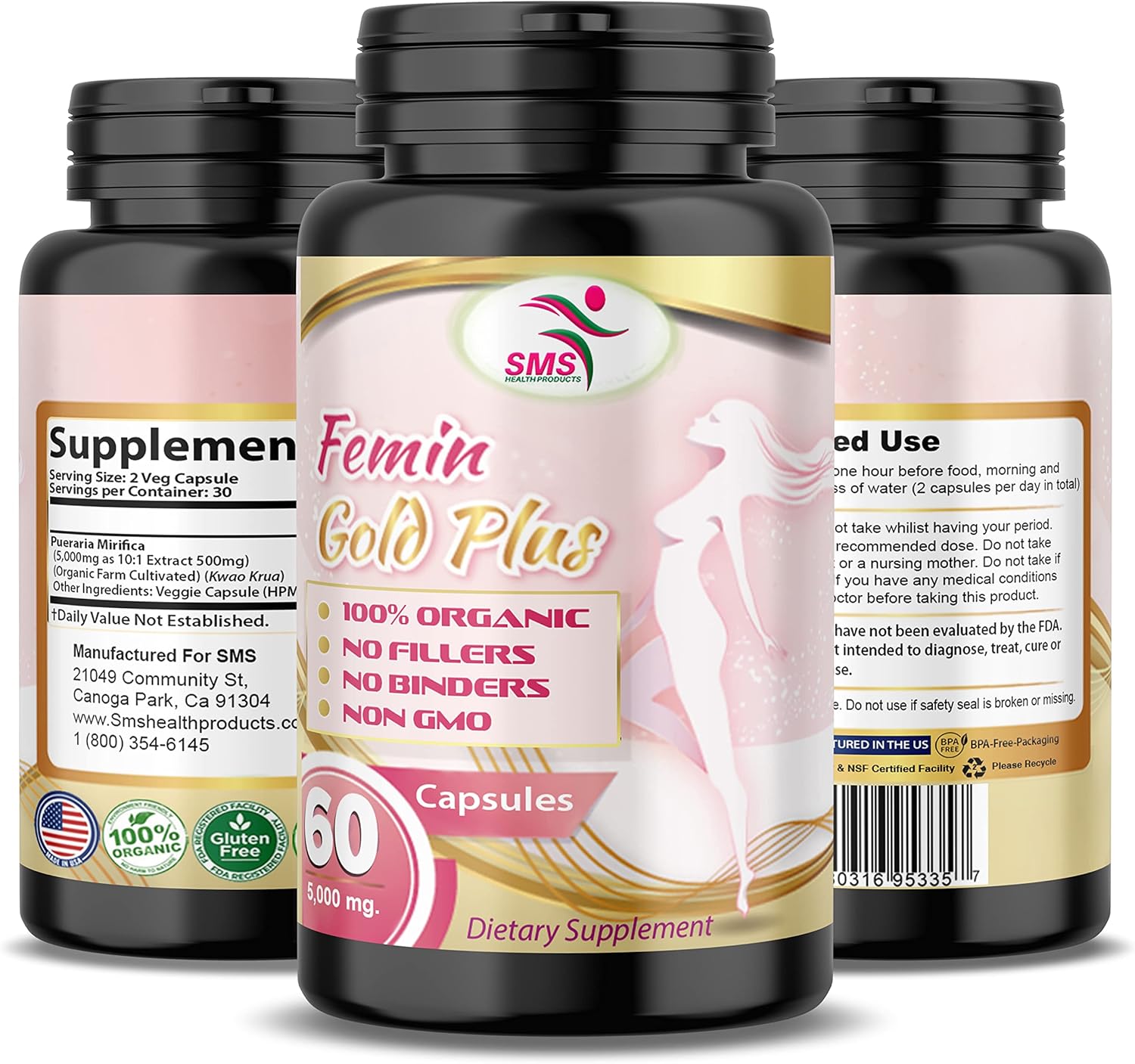 SMSHEALTHPRODUCTS.com Pueraria Mirifica (Kwao Krua Kao) Píldoras  Diario 3000 mg, Orgánico, Sin OGM, Sin Rellenos  Extracto 101 en polvo importado