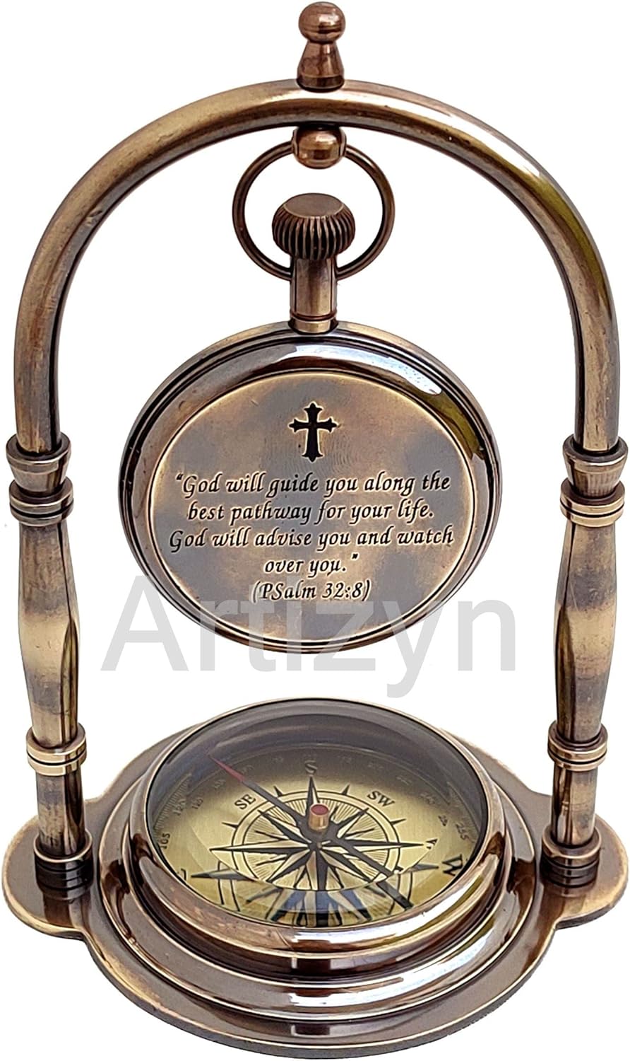God is My Guide Salmo 328 Reloj de escritorio de barco de latón grabado náutico brújula de campamento regalo religioso para hombres, regalo