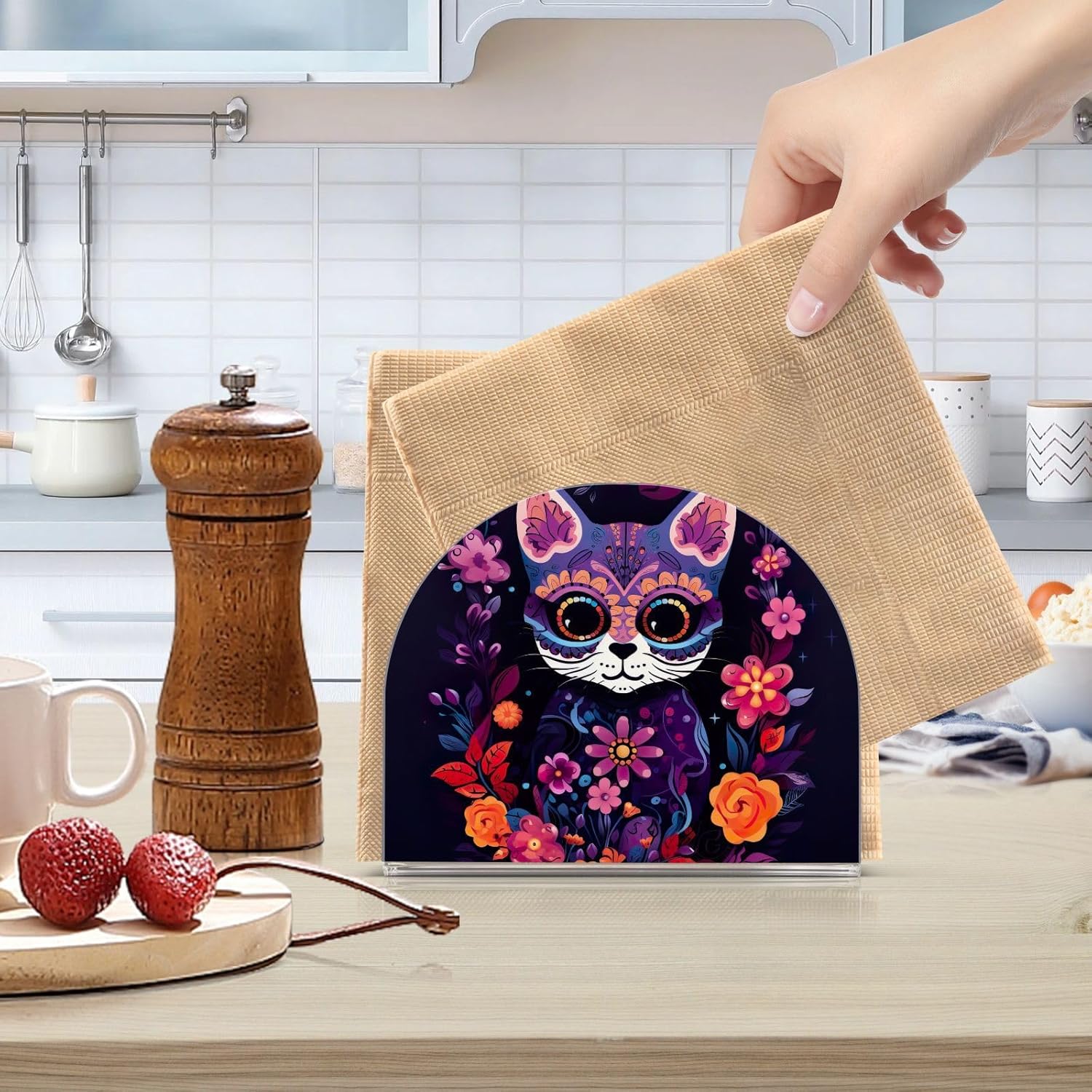 Servilletero de gato con calavera de azúcar de Halloween para mesa, dispensadores de servilletas de tejido acrílico, servilleteros de cóctel para