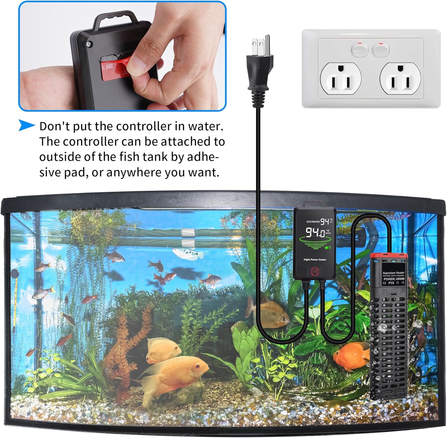 Calentador de acuario de 1000 W sumergible para pecera con tubos de cuarzo dobles y controlador de temperatura de pantalla LED para 150-300 galones,