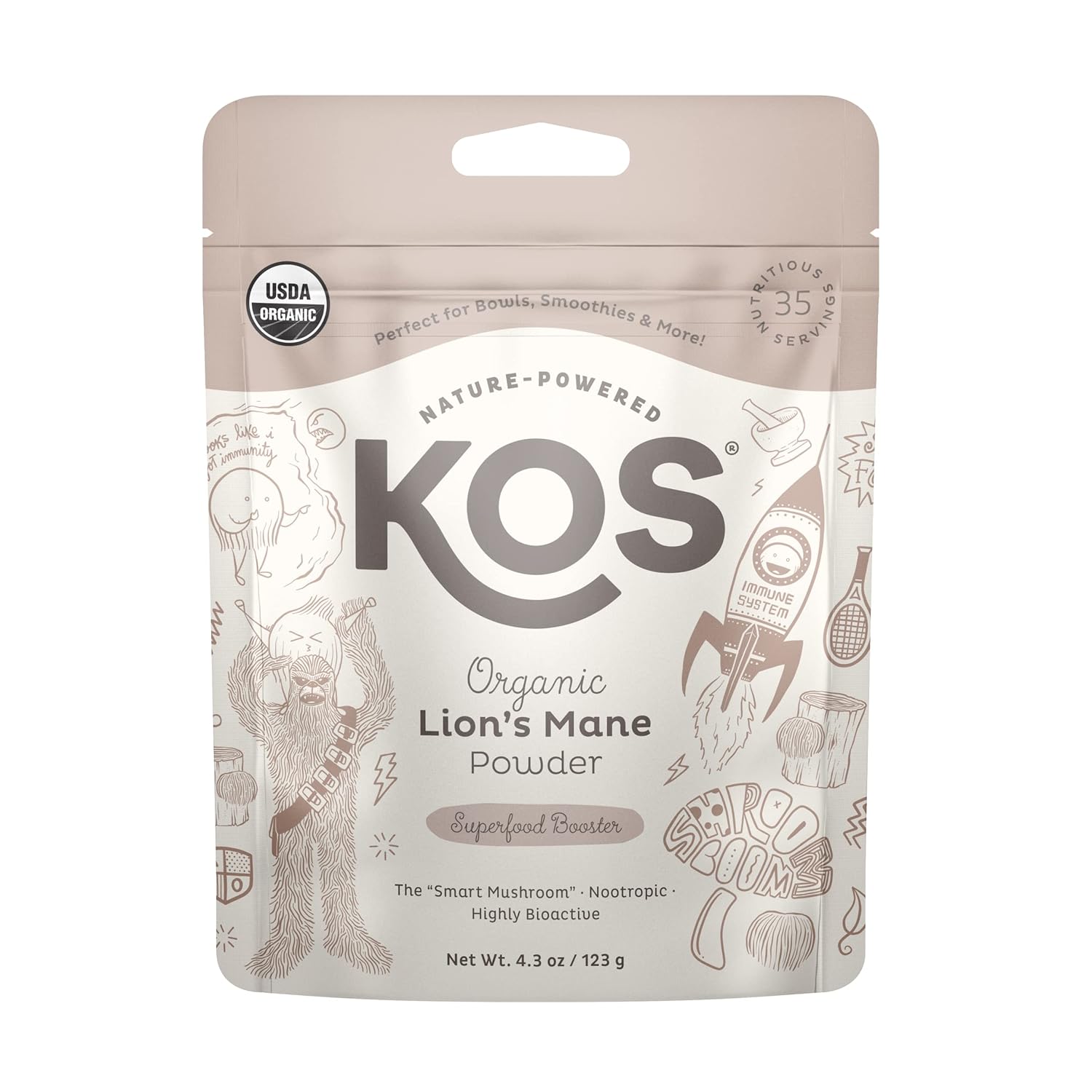 KOS Polvo orgánico de melena de león  Superalimento nootrópico natural para apoyar la concentración  Hongos funcionales veganos, a base de plantas,