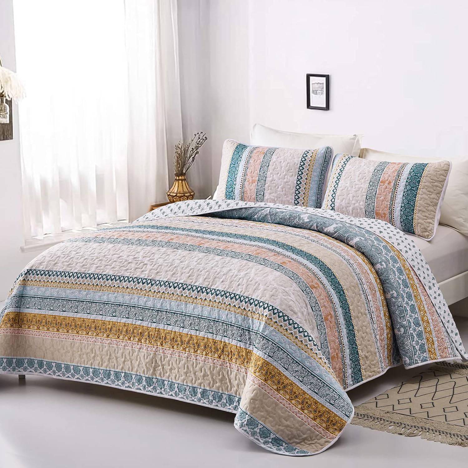 WONGS BEDDING Juego de edredón bohemio tamaño matrimonial, juego de edredón bohemio amarillo de 3 piezas, juego de ropa de cama de verano ligero