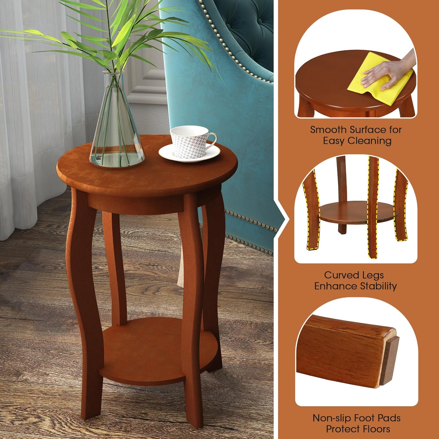 GOFLAME Mesa auxiliar redonda de 2 niveles, mesa auxiliar moderna para sofá con estante de almacenamiento, patas de madera maciza, mesa de acento