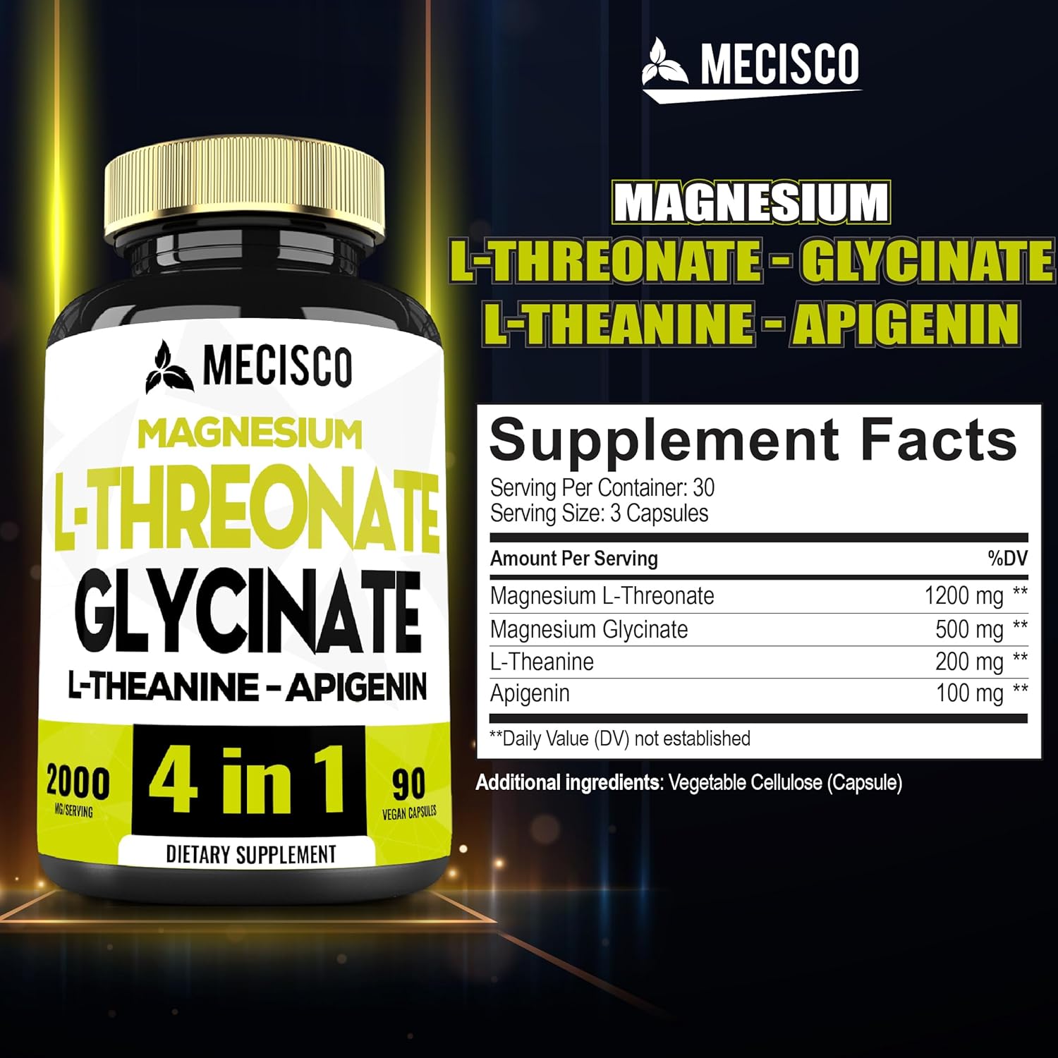 90 cápsulas  Suplemento de treonato de magnesio L de 2000 mg con glicinato de magnesio, L-teanina y apigenina  Estado de ánimo positivo, salud