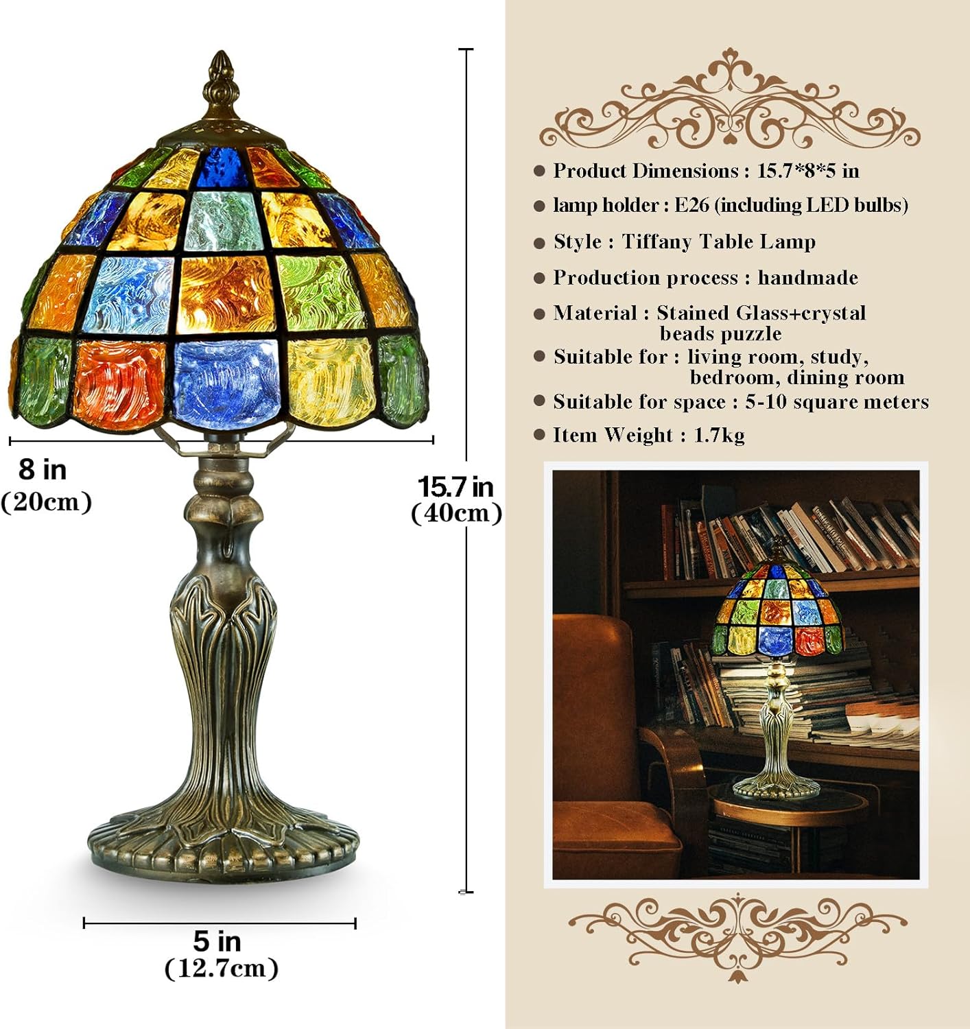 Pequeña lámpara Tiffany de mesa de vidrieras, estilo cuadrado de cristal, pantalla de lámpara de 8 pulgadas de ancho, luz nocturna estilo Tiffany,