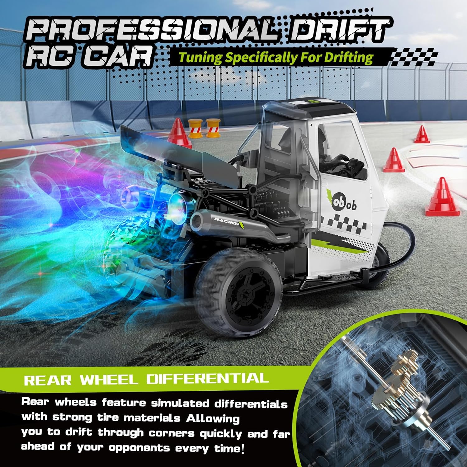 Autos a control remoto, 25+ KMH RC Car 116 todo terreno RC Drift Car 2.4Ghz Spray Monster Trucks para niños con luz LED y 2 baterías recargables,