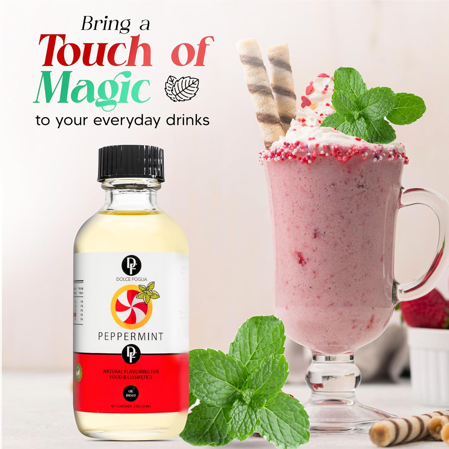 Dolce Foglia Extracto de menta puro para hornear, 2 onzas, soluble en aceite, sin azúcar, cero calorías, aceite saborizante multiusos para hacer