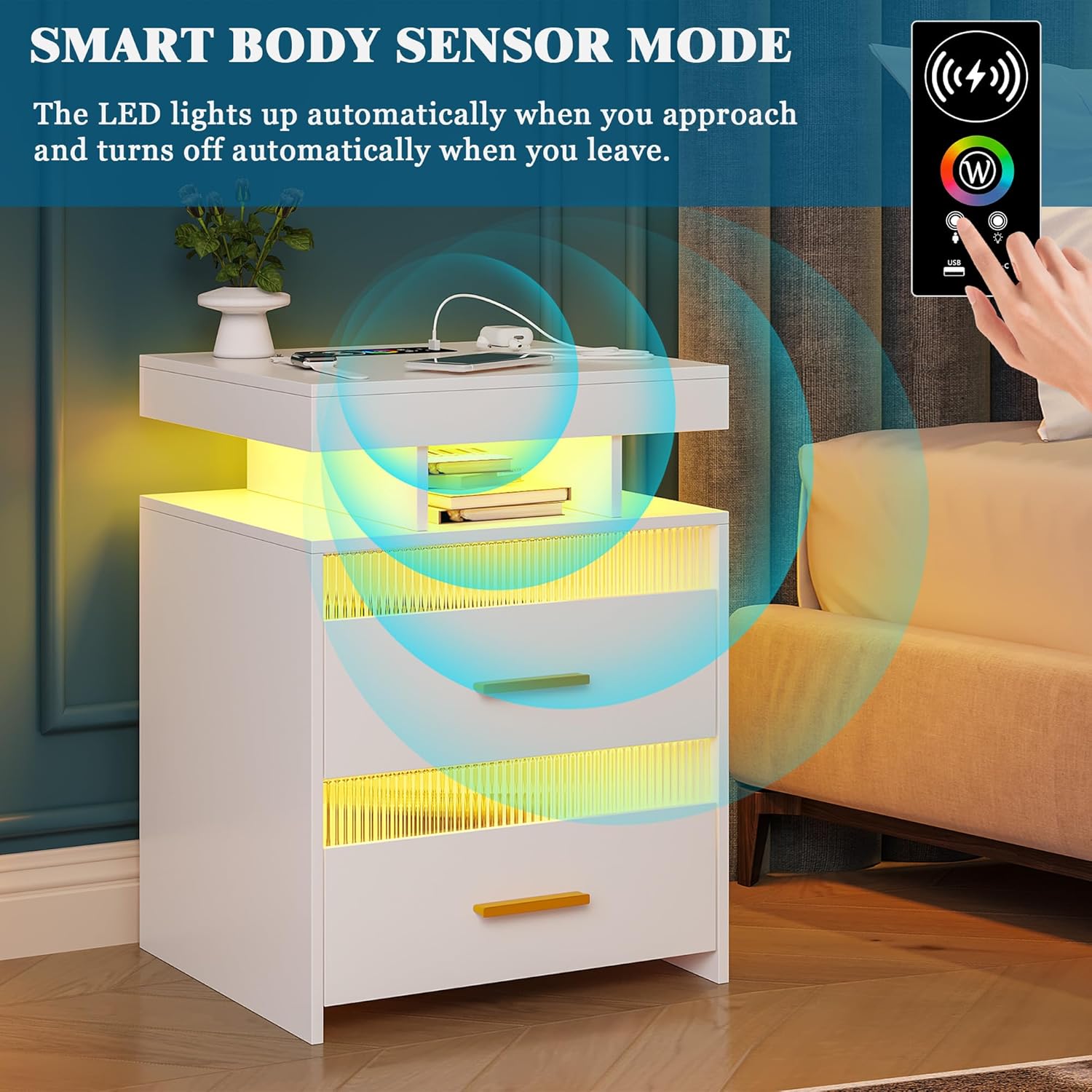 WOOVIVS Juego de 2 mesitas de noche LED con estación de carga inalámbrica y puertos USBC, soporte de noche LED de 24 colores con sensor de