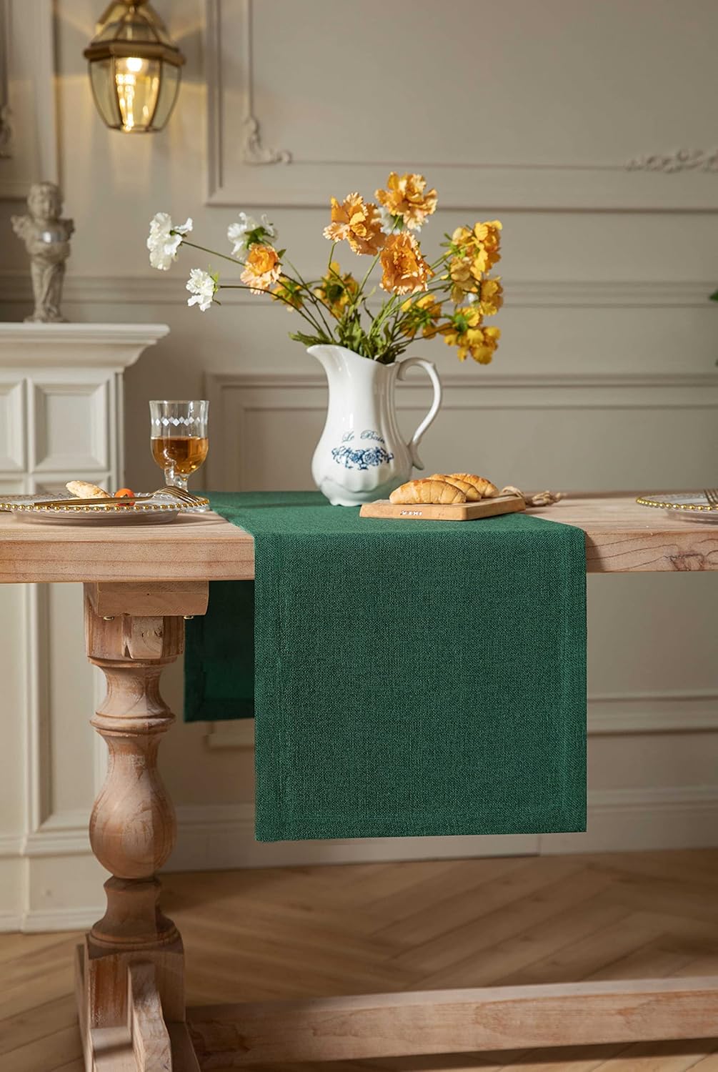 ZeeMart Camino de mesa de arpillera estilo granja de 90 pulgadas de largo, camino de mesa de comedor tejido rústico verde para uso diario, 14 x 90