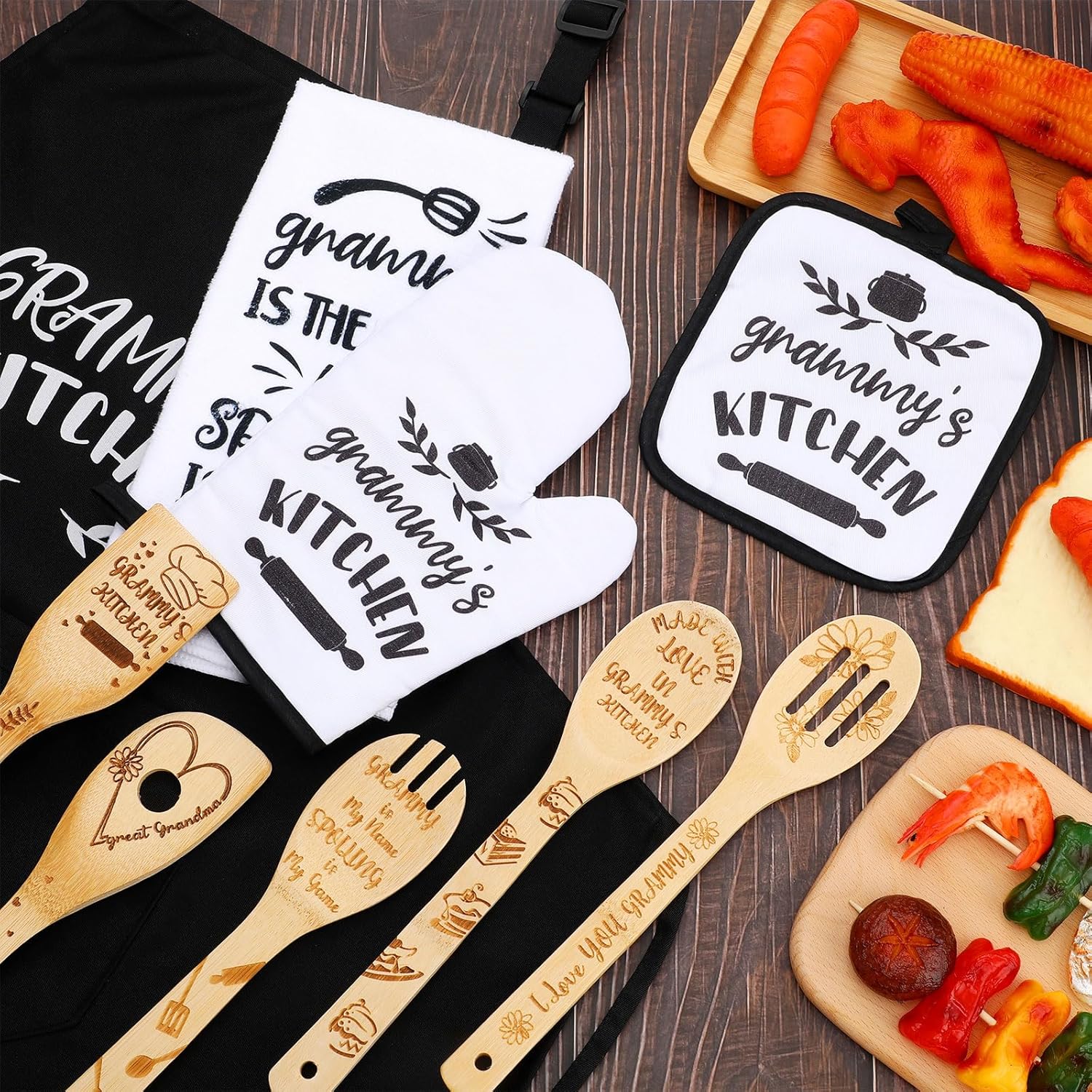 Juego de 10 piezas de regalo de cocina Mimi que incluye delantal de cocina de algodón, manoplas de horno, soporte para ollas de bambú, espátula de
