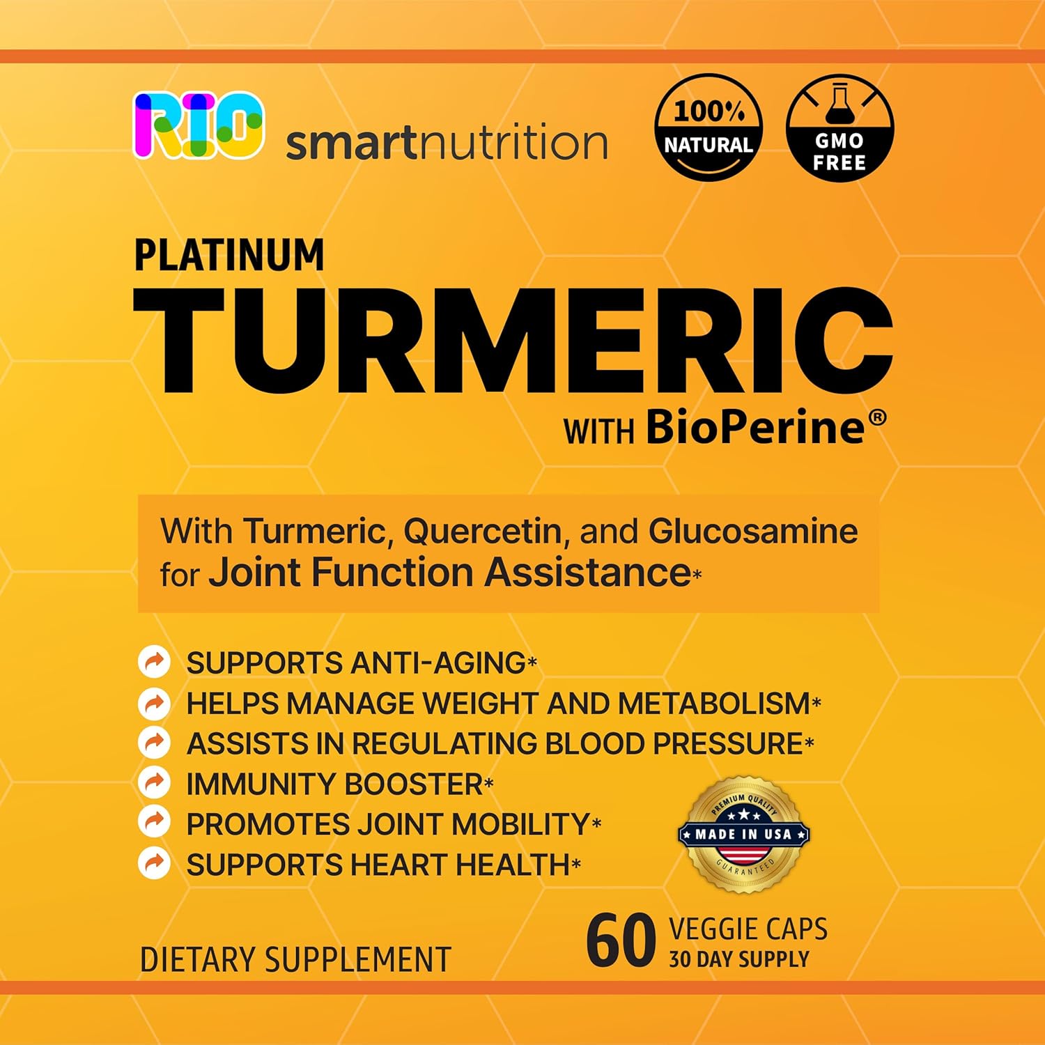 Rio Suplemento de cúrcuma platino con BioPerine con quercetina y glucosamina para asistencia de la función articular – Retención de memoria –