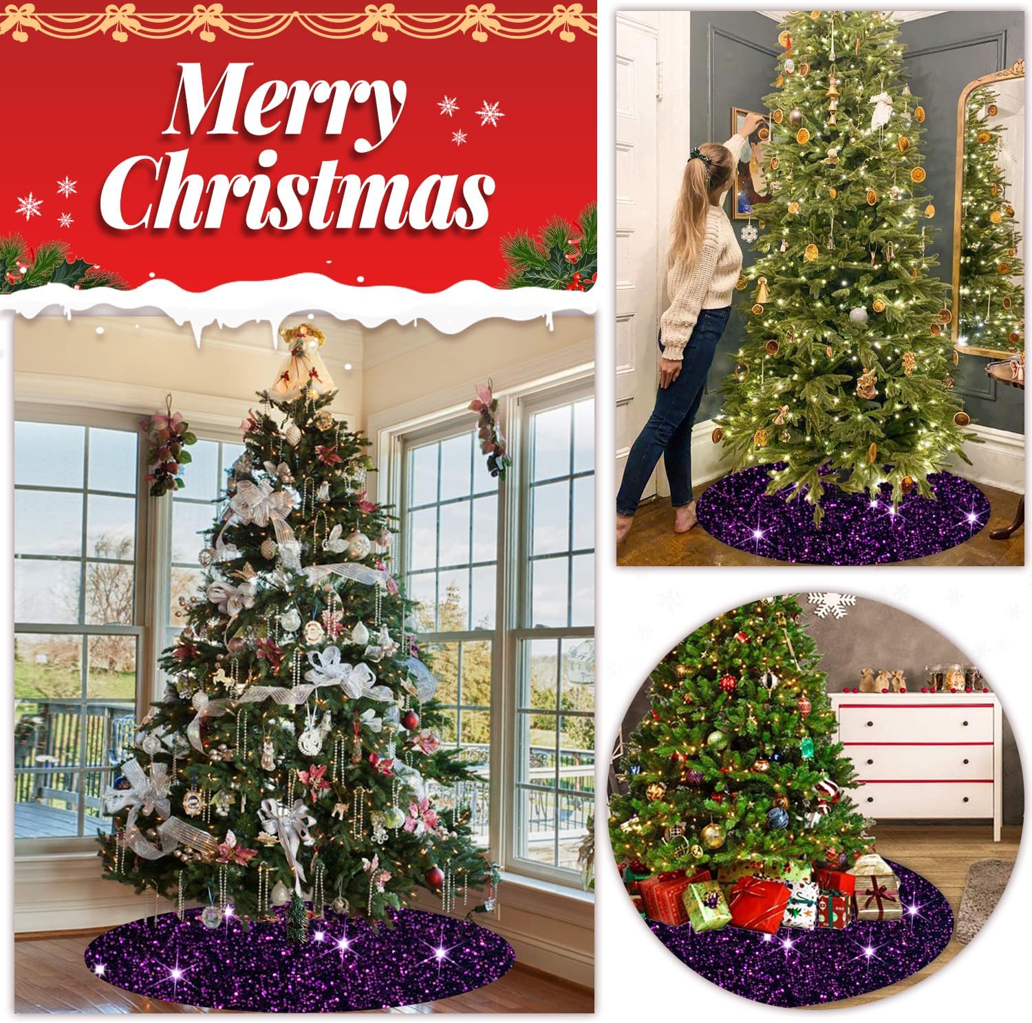 Falda de árbol de Navidad grande de 46 pulgadas, falda de árbol de Navidad con purpurina, falda de base de árbol de secuencia púrpura oscuro, falda