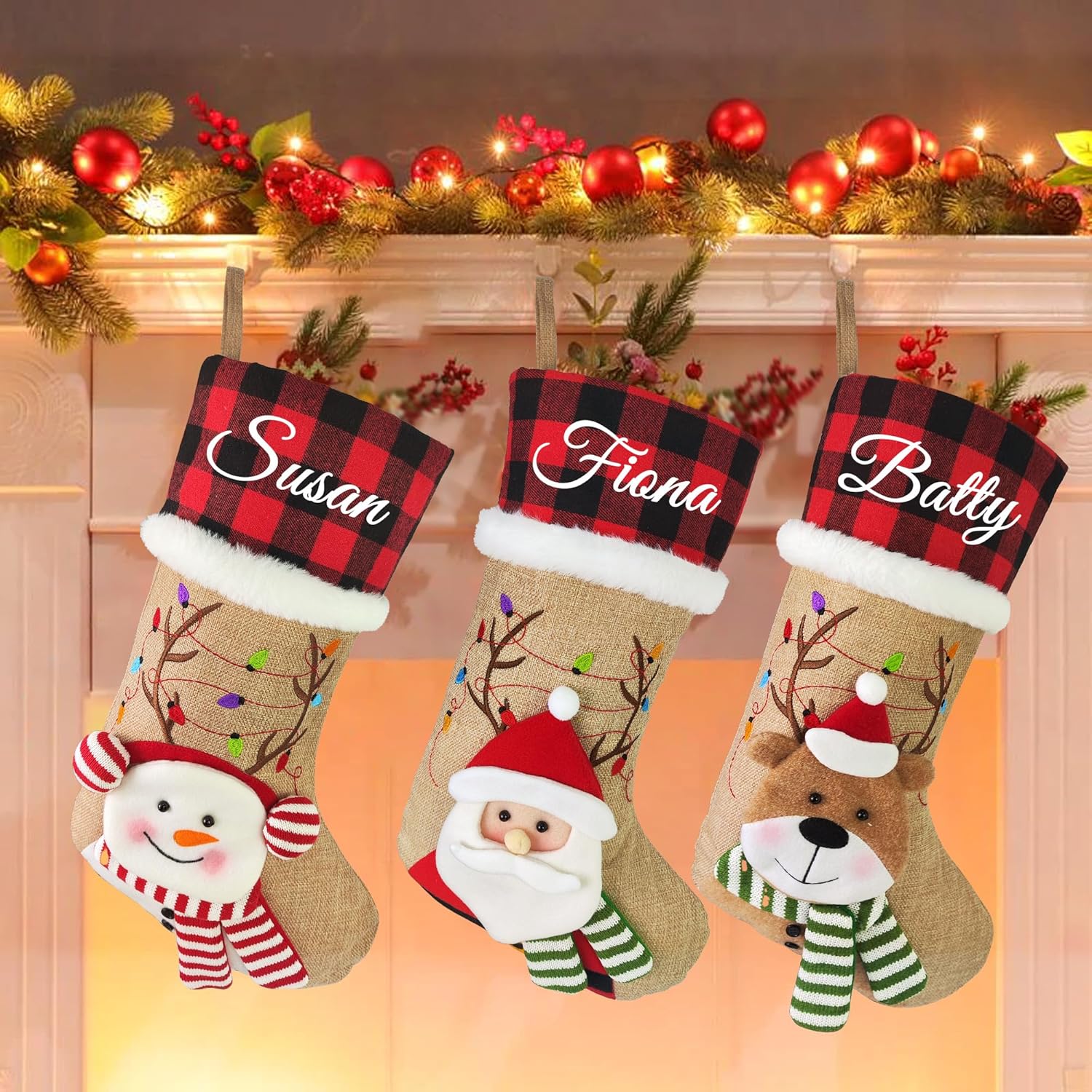 Medias de Navidad familiares personalizadas, medias de Navidad personalizadas con nombre, arpillera a cuadros de Navidad 3D muñeco de