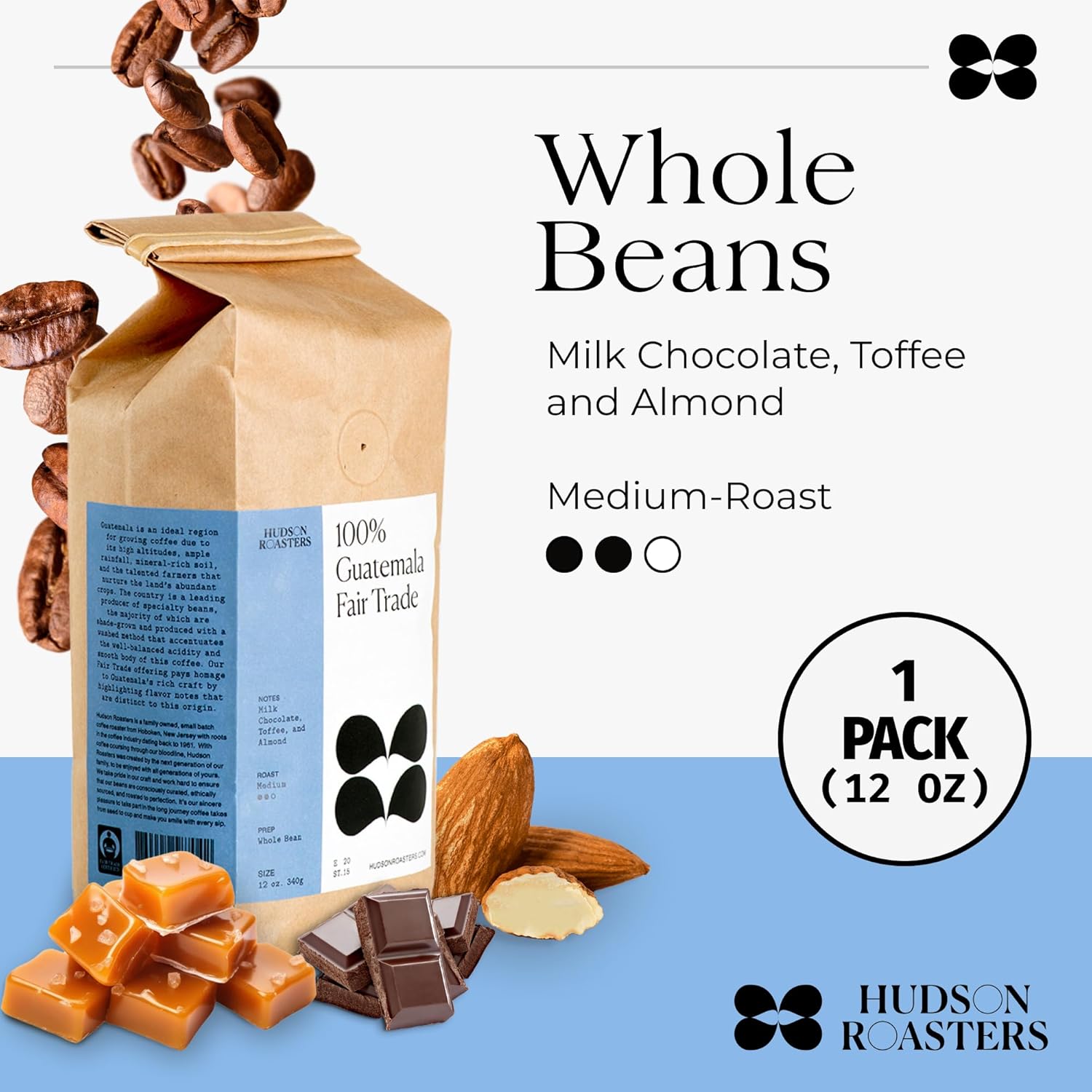 Hudson Roasters Fair Trade Guatemala Premium – Café en grano entero, tostado medio, bolsa de 12 onzas