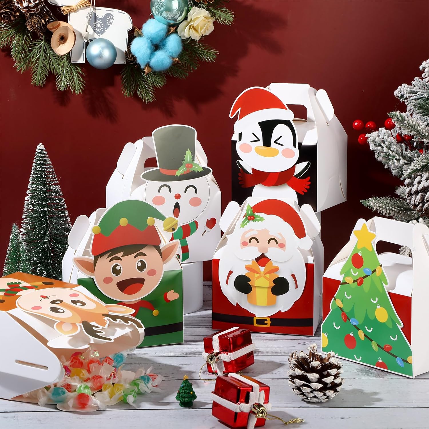 Cholemy 24 cajas de regalo de Navidad 3D de cartón a dos aguas plegables de Navidad con asas, Papá Noel, muñeco de nieve, reno, elfo, alce,