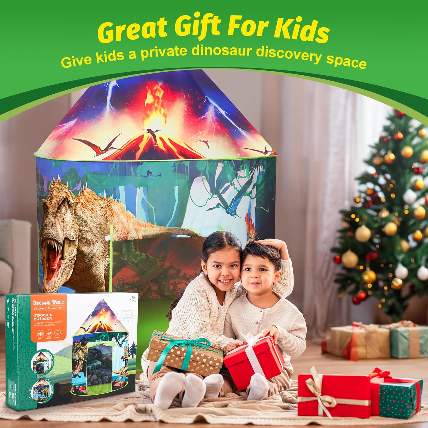 HopeRock Tienda de campaña para niños con botón de rugido, tienda de campaña de dinosaurio para niños y niñas con juguetes de dinosaurio para niños
