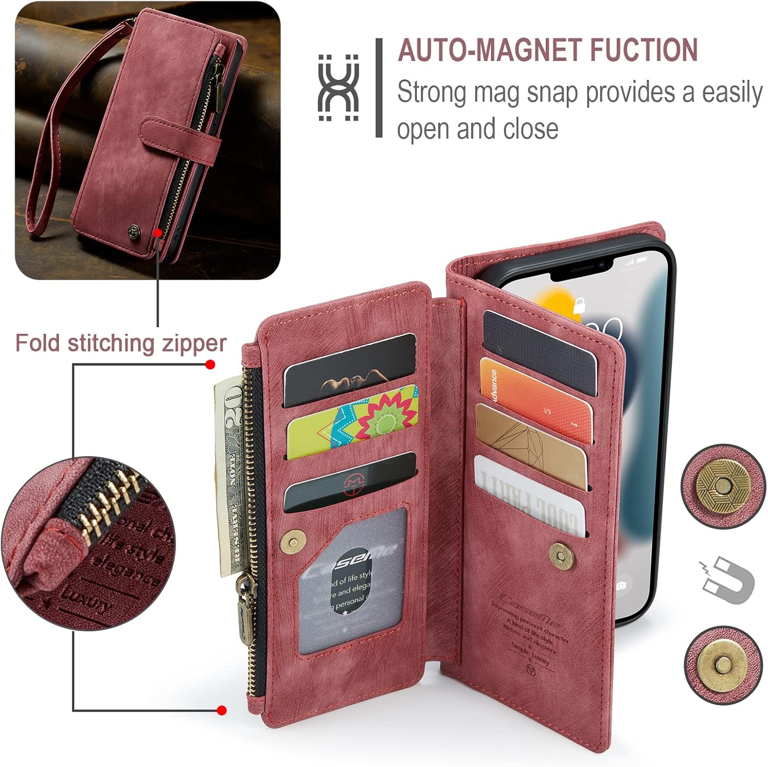 Funda tipo cartera para iPhone 13 Pro Max 5G con soporte para tarjetas, soporte magnético con cremallera, bolsillo y correa de muñeca, funda de