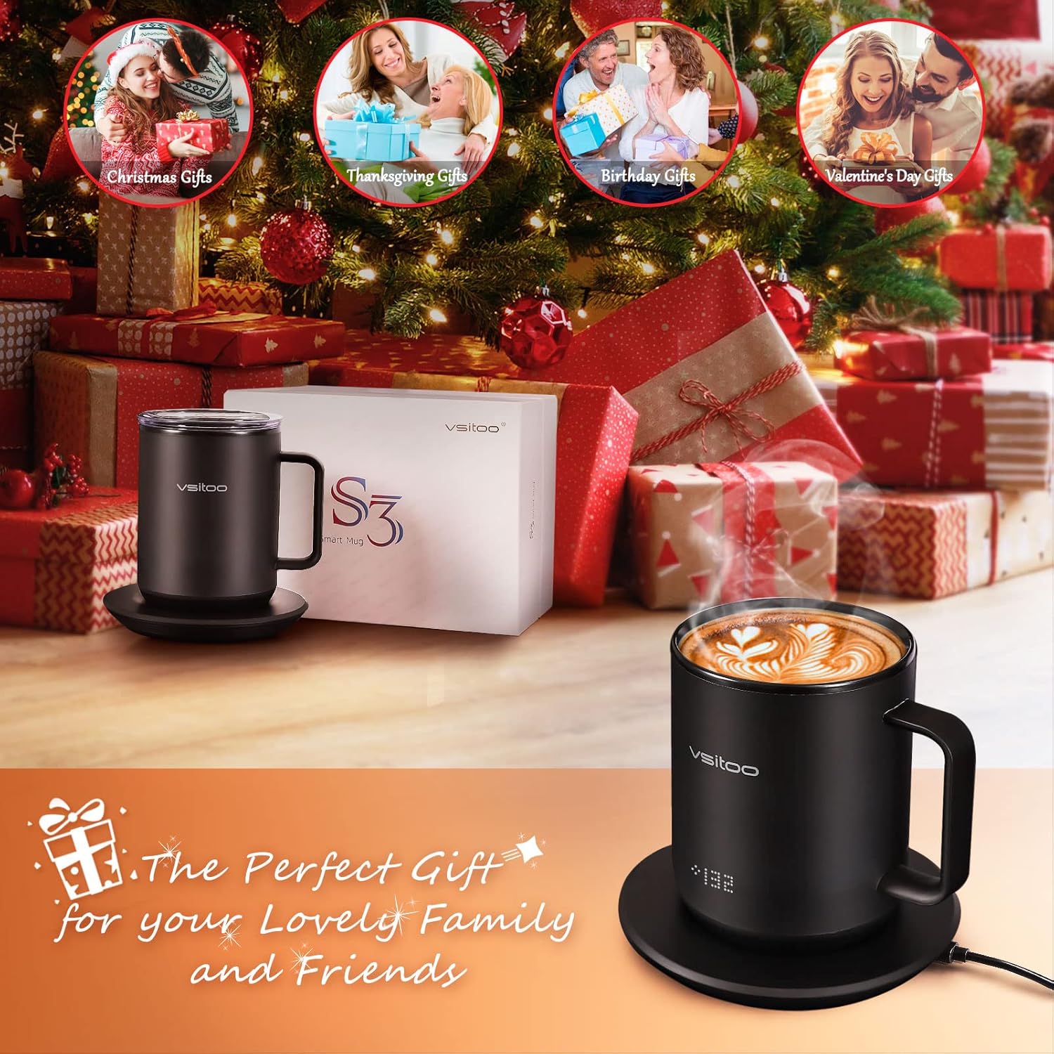 vsitoo S3 – Taza inteligente con control de temperatura 2 con tapa, taza de café autocalentable de 10 onzas, pantalla LED, duración de la batería de