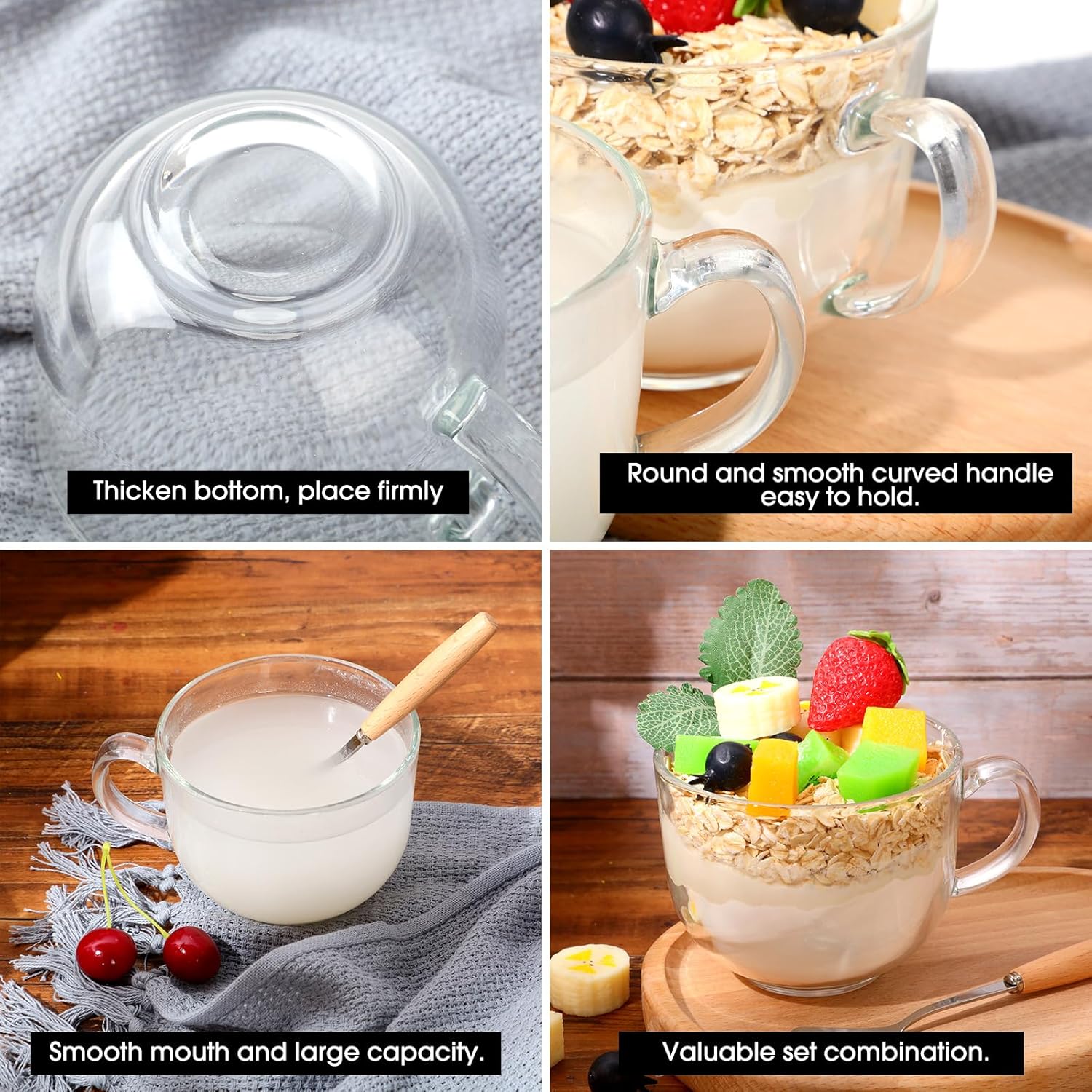 6 juegos de tazas de café de vidrio grandes de otoño de 16 onzas con tapas, tazas de café transparentes y cucharas de acero inoxidable, tazas de