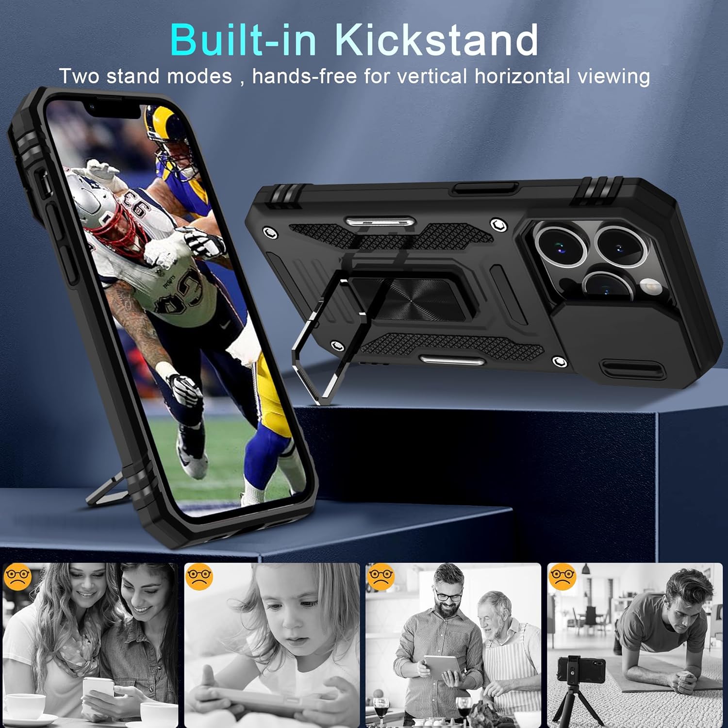 DEERLAMN Funda para iPhone 13 Pro con cubierta deslizante para cámara + protector de pantalla (1 unidad), soporte de anillo giratorio de grado
