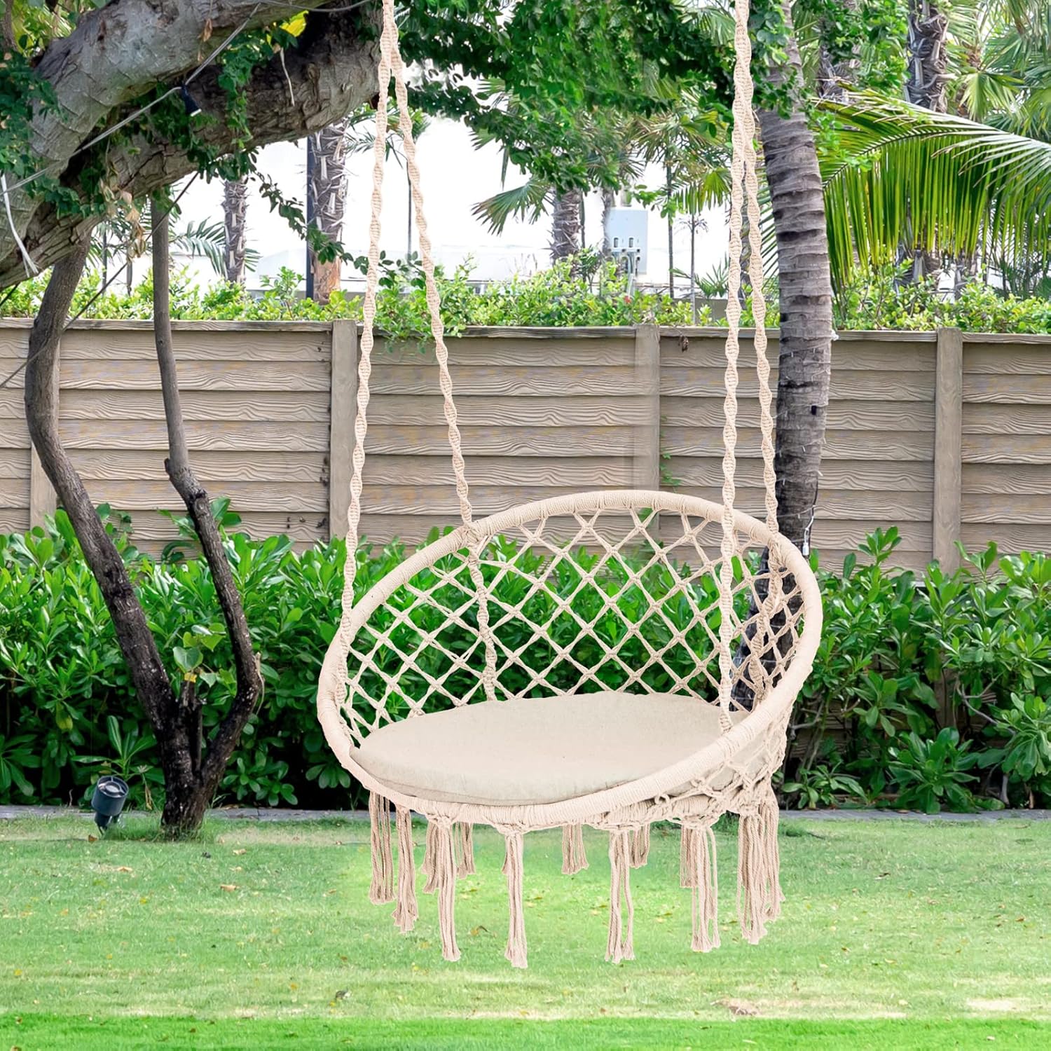 Tangkula Silla hamaca con cojín, estilo bohemio de macramé con kit de accesorios para colgar y correa, columpio de cuerda colgante para interiores y
