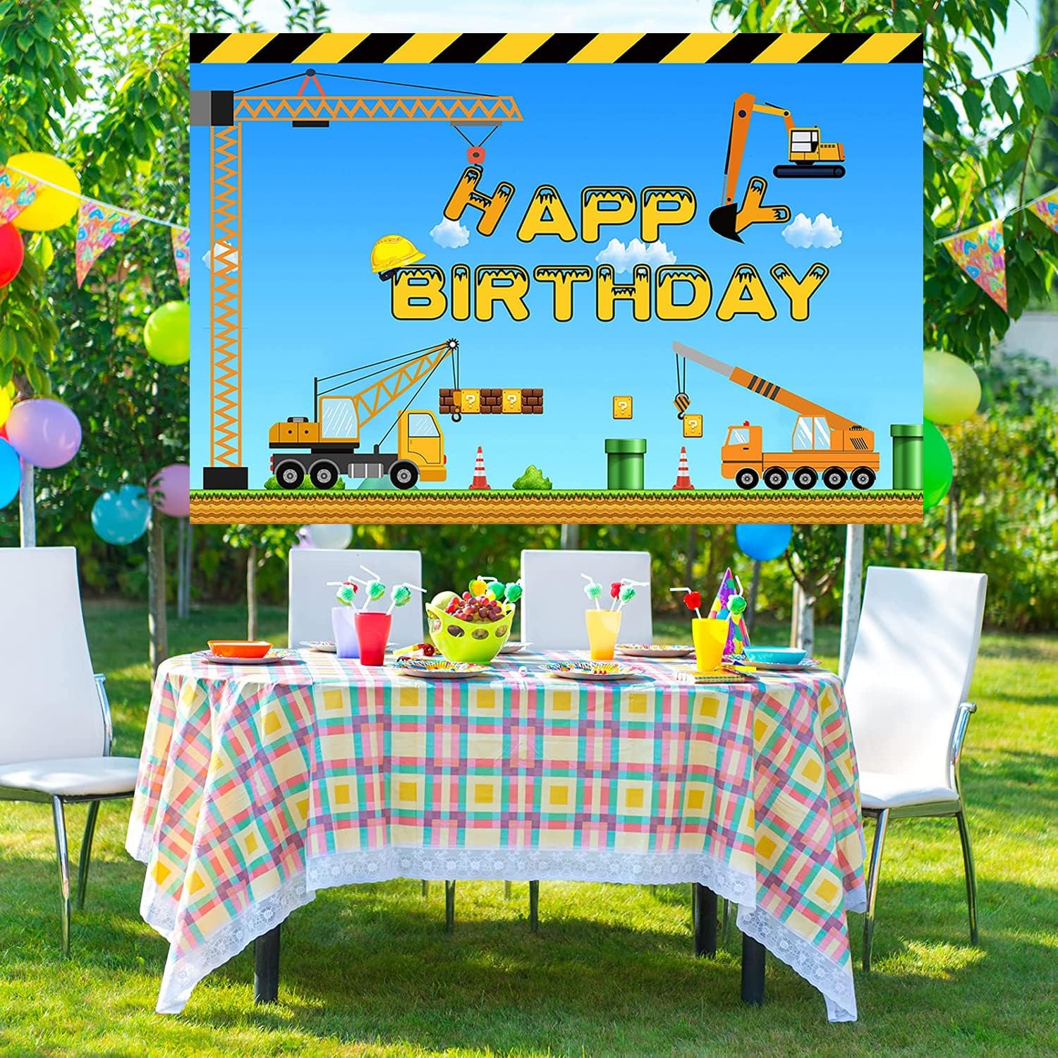 Tema de construcción feliz cumpleaños telón de fondo camión volquete grúa fiesta de cumpleaños banner excavadora camión fotografía fondo niños