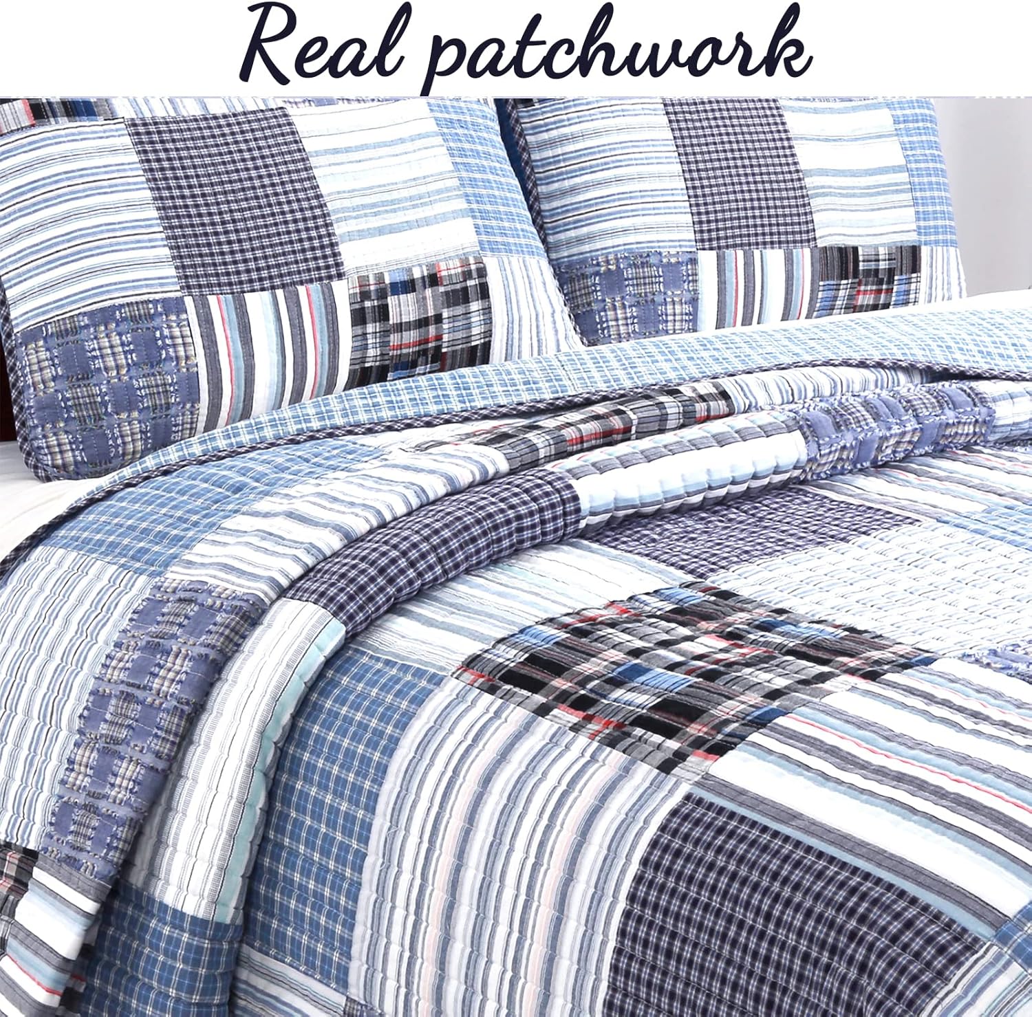 Cozy Line Home Fashions Juego de ropa de cama reversible de 100% algodón, azul marino, a cuadros, a rayas, colcha de retazos reales (Daniel