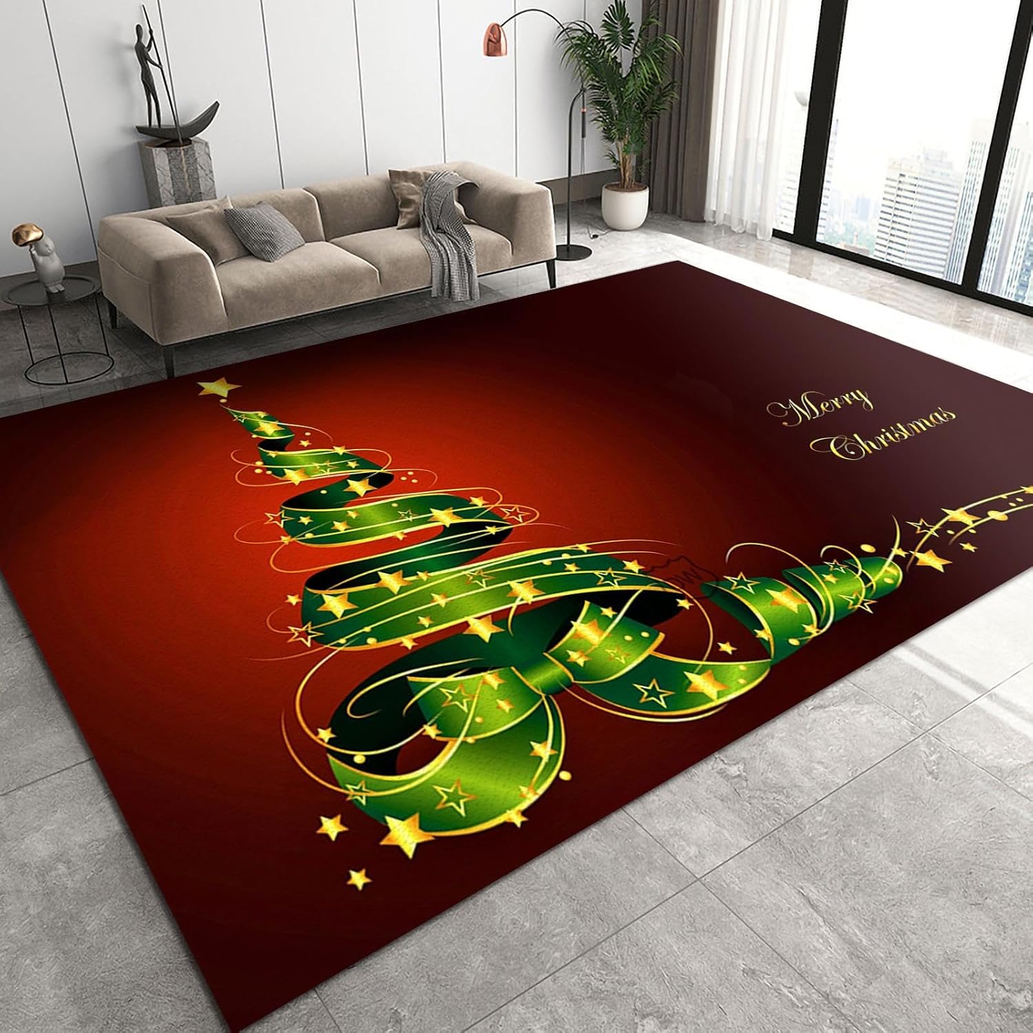 Alfombra de interior de Feliz Navidad, árbol de Navidad, estrellas con estampado rojo, suave, antideslizante, lavable, de pelo corto, decoración de
