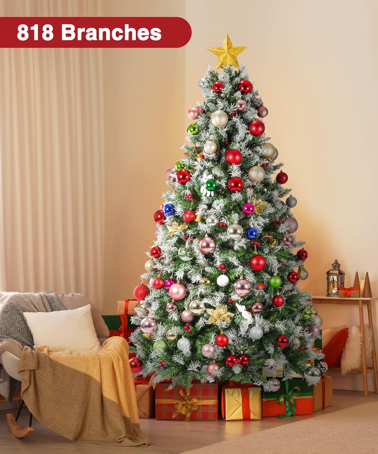 Árbol de Navidad artificial preiluminado de 6 pies, pinos de Navidad con 250 luces blancas cálidas, 818 puntas de rama, 58 bayas, bolsa de