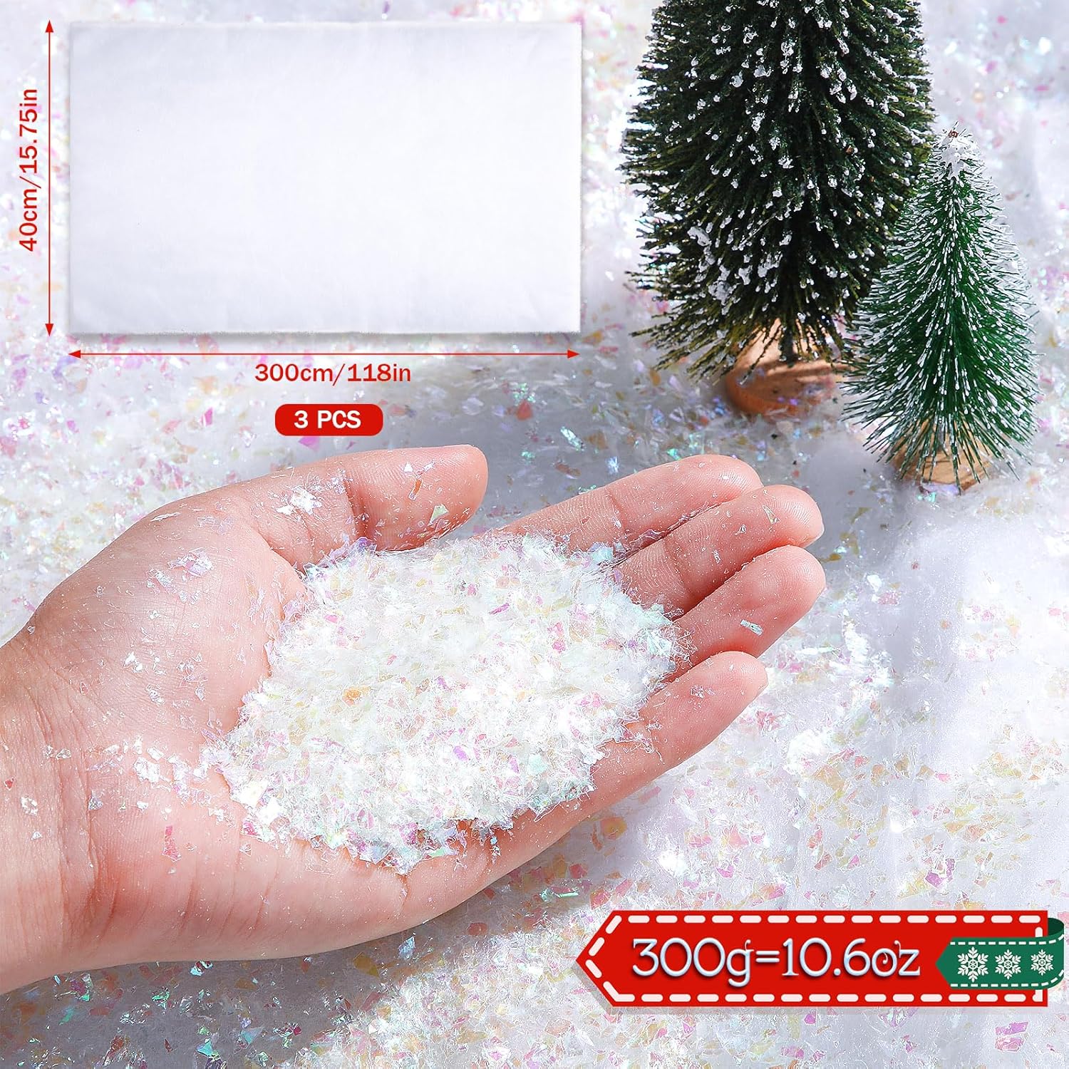 Aoriher Juego de rollos de nieve falsa de Navidad de 10.6 onzas y 3 piezas de manta de nieve artificial para Navidad, cubierta de nieve falsa gruesa