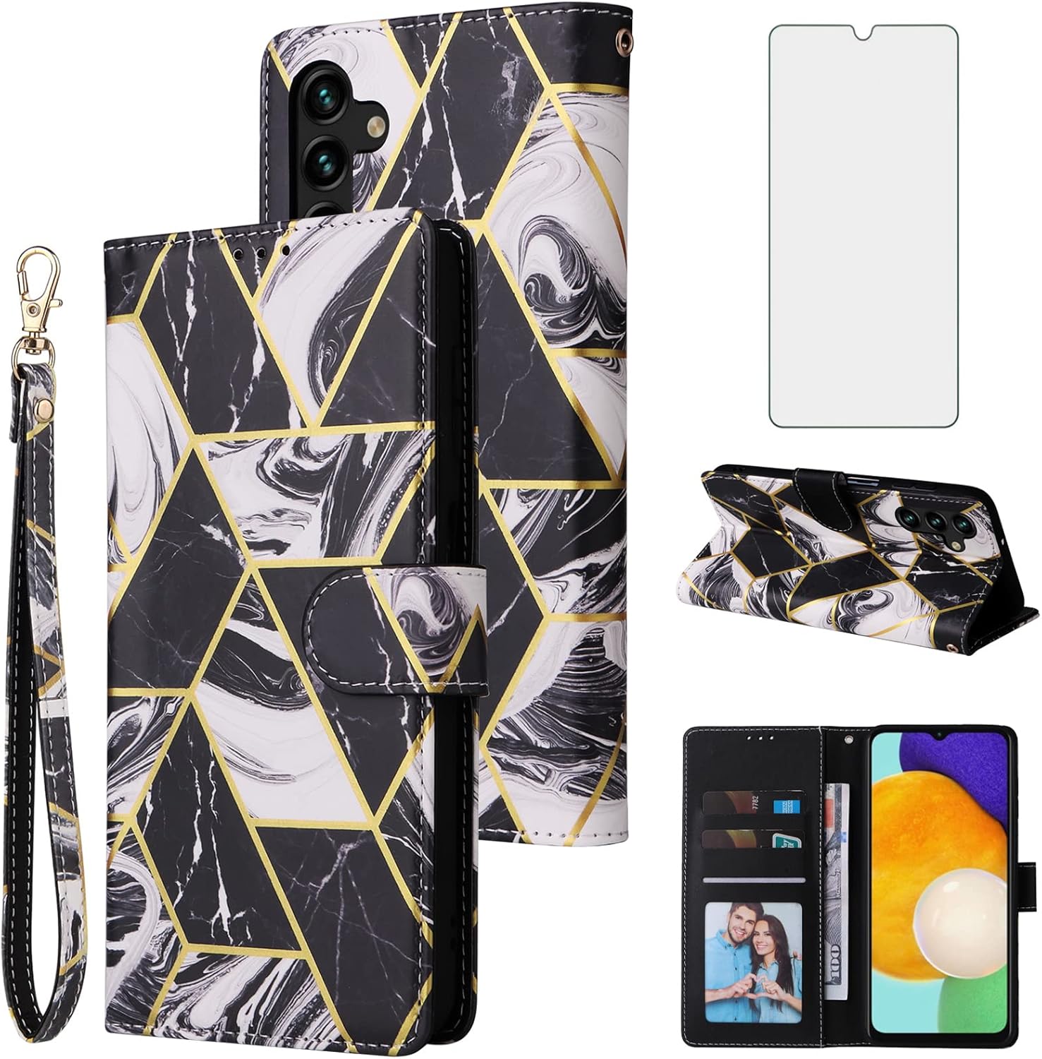 Asuwish Compatible con Samsung Galaxy A13 5G – Funda tipo cartera y protector de pantalla de vidrio templado, funda de cuero con función atril para