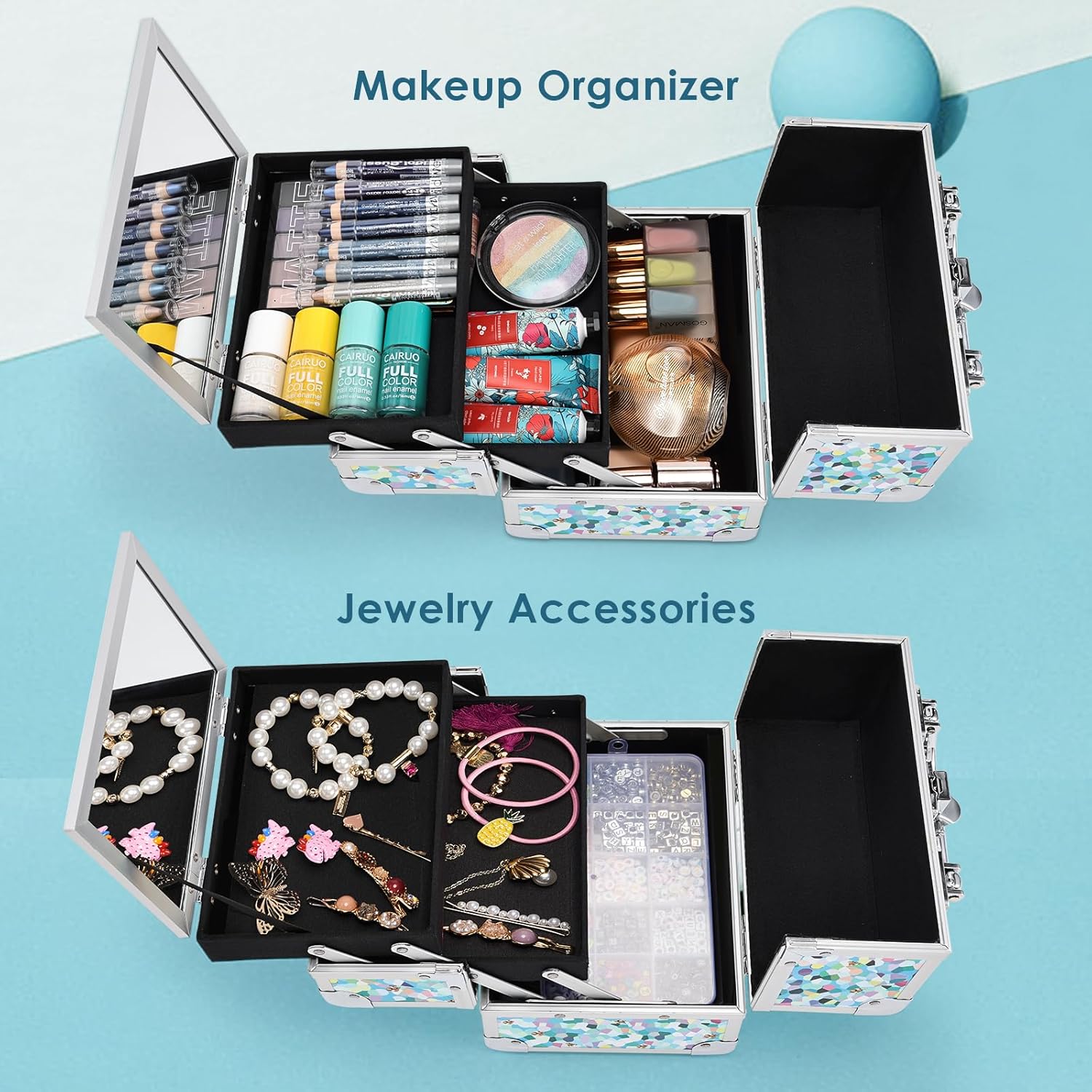 FRENESSA Estuche de tren de maquillaje, estuche organizador de cosméticos, caja de maquillaje portátil, 2 bandejas con espejo, estuche organizador
