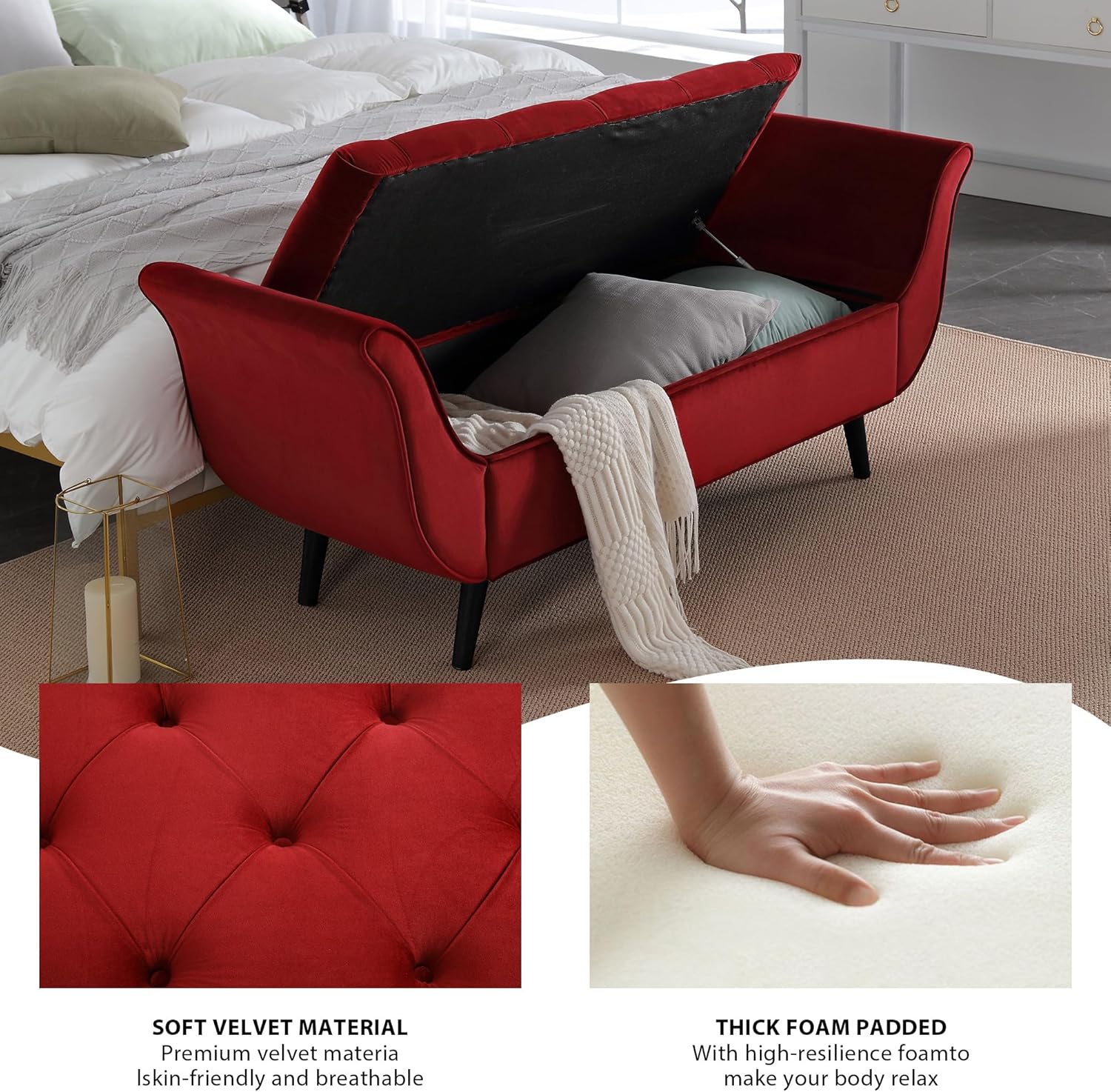 Banco de almacenamiento de terciopelo para dormitorio, color rojo, tapizado con botones, otomano, reposapiés, brazo enrollado, patas de madera maciza
